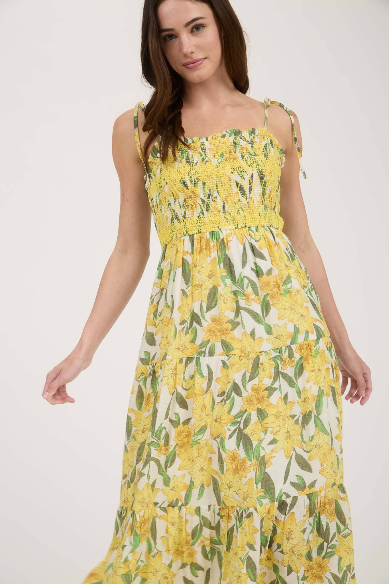 Floral Smocked Spaghetti Tie Tiered Midi Dress – Yellow
