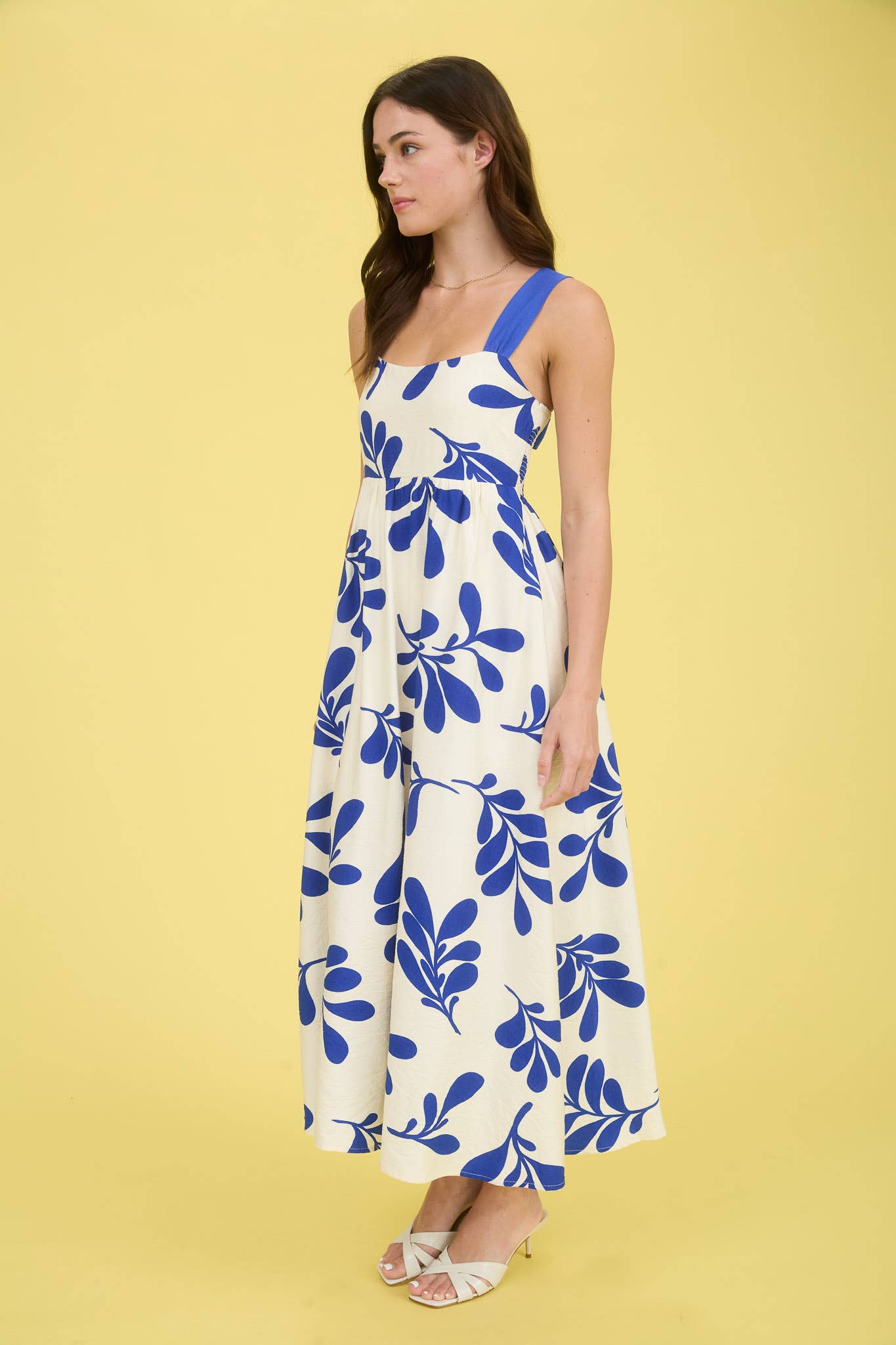 Leaf Print Back Tie Midi Dress