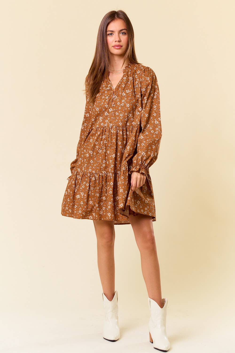 Floral Print Long Sleeve Tiered Mini Dress