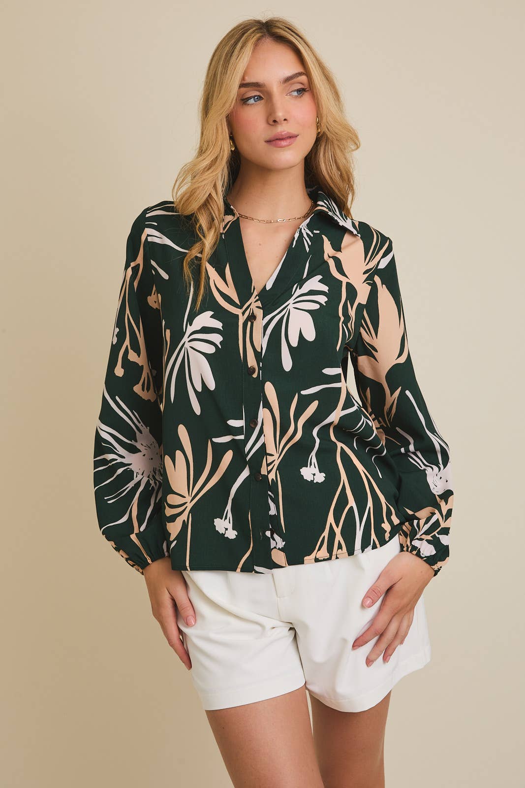 Collared Puff Long Sleeve Button Up Floral Top