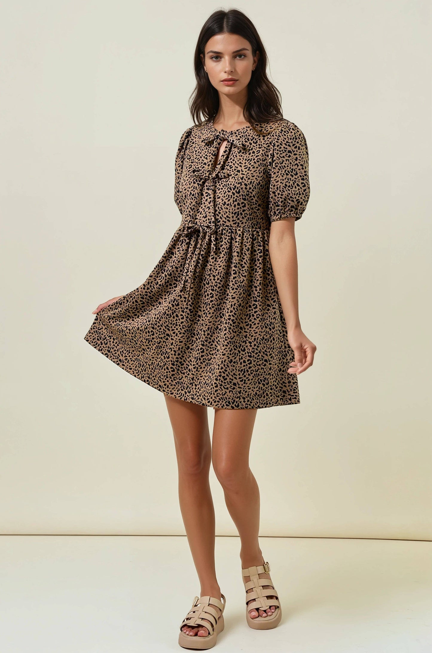 Animal Print Puff Sleeve Bow Tie Front Dress