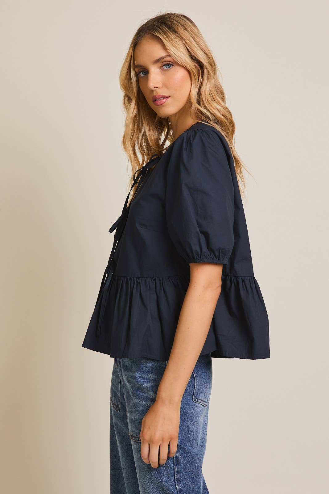 Navy Front Tie Puff Sleeve Blouse