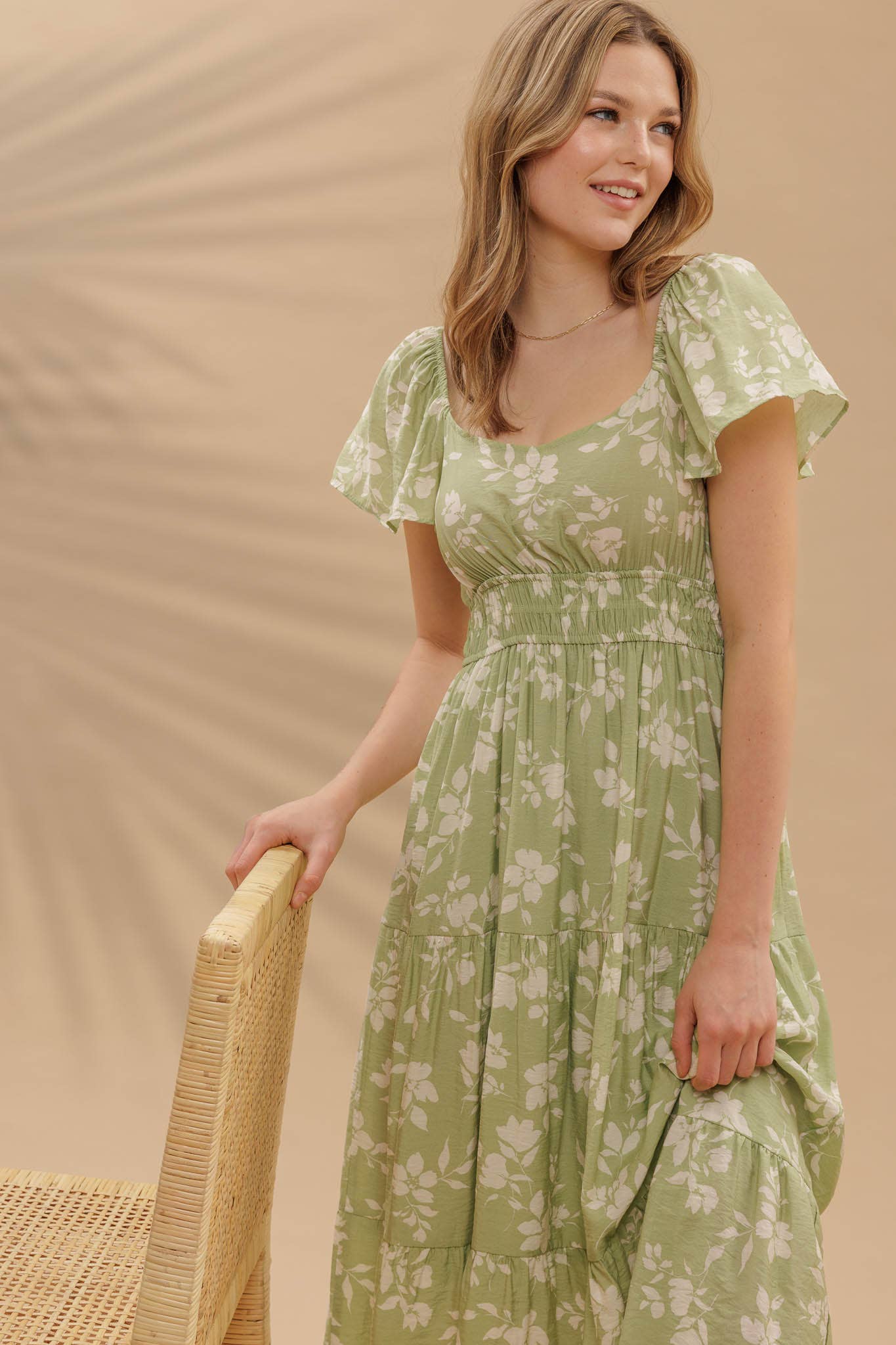 Green Floral Tiered Midi Dress