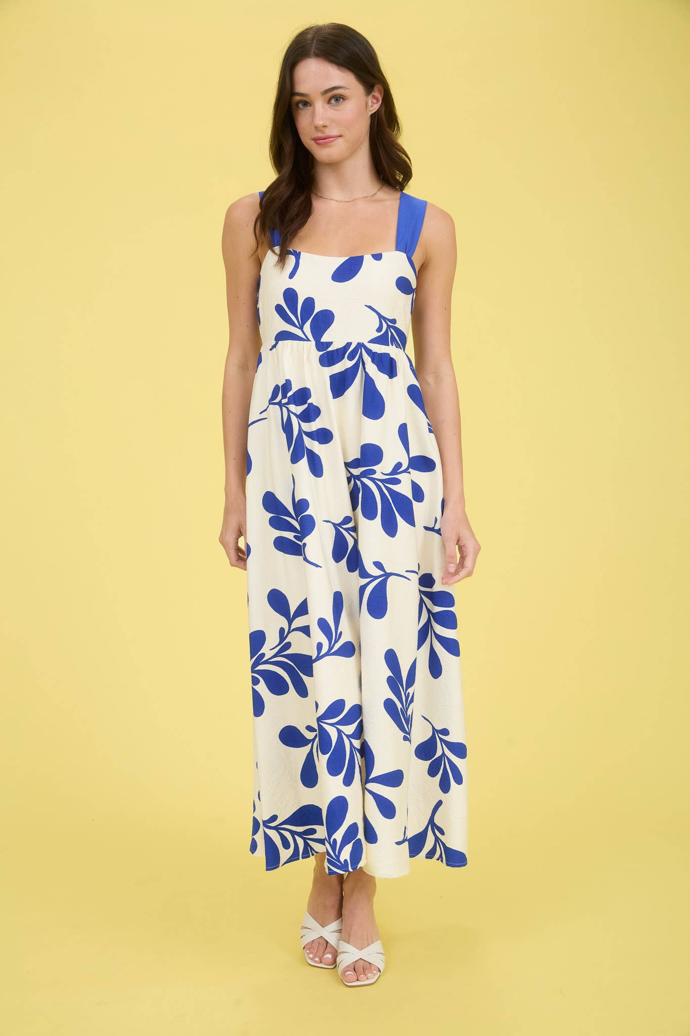 Leaf Print Back Tie Midi Dress