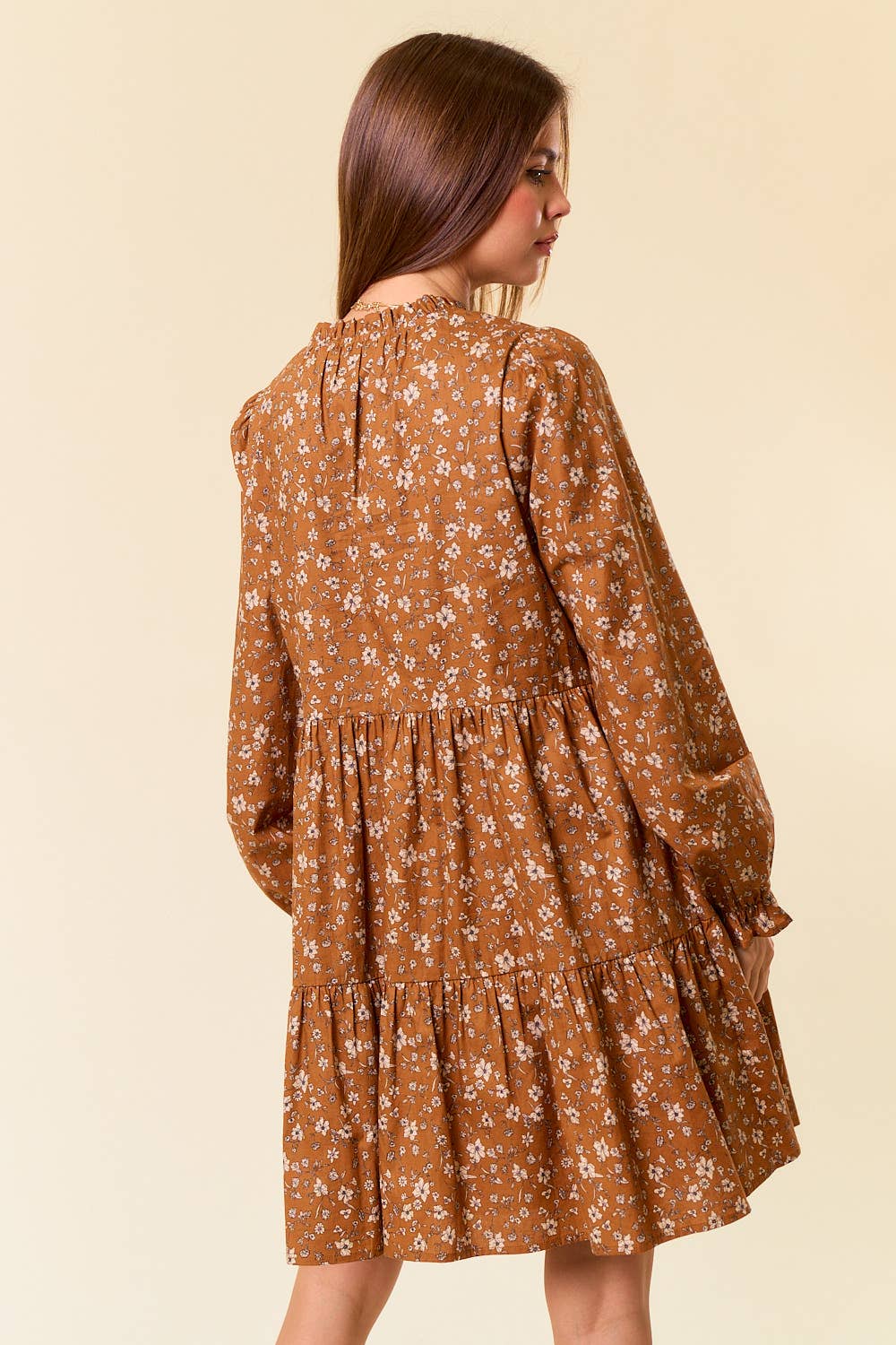 Floral Print Long Sleeve Tiered Mini Dress
