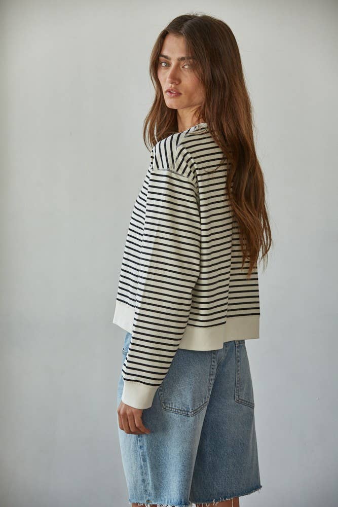 Striped Knit Crew Neck Long Sleeve Top