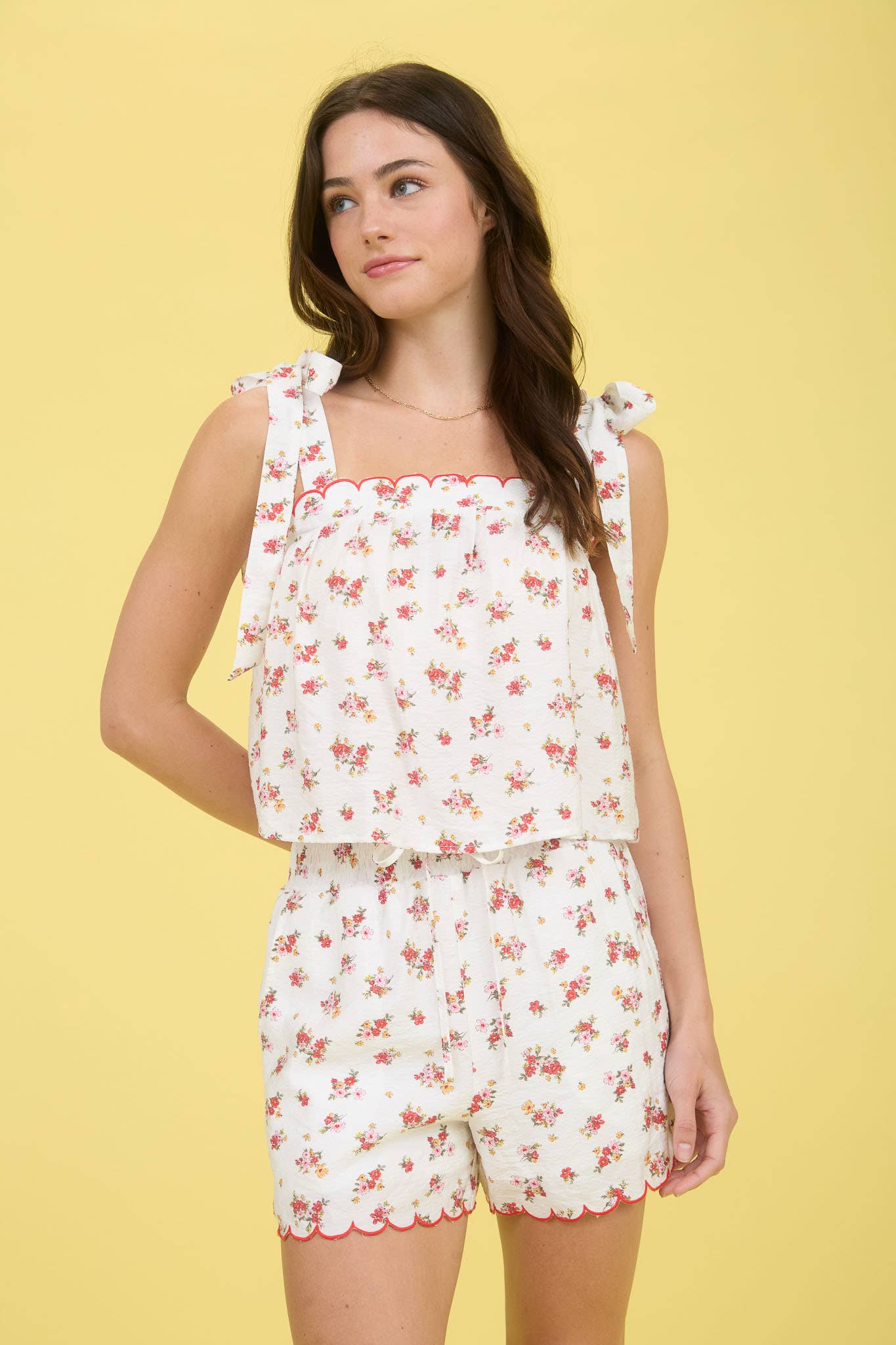 Floral Scallop Trim Tie Strap Blouse