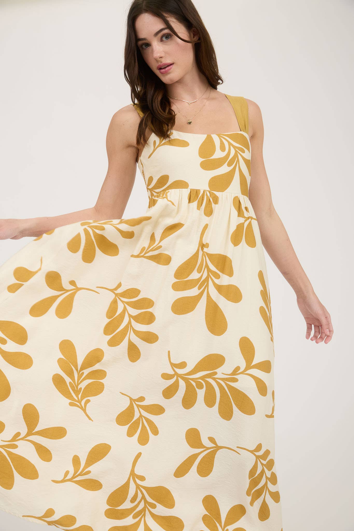Leaf Print Back Tie Midi Dress
