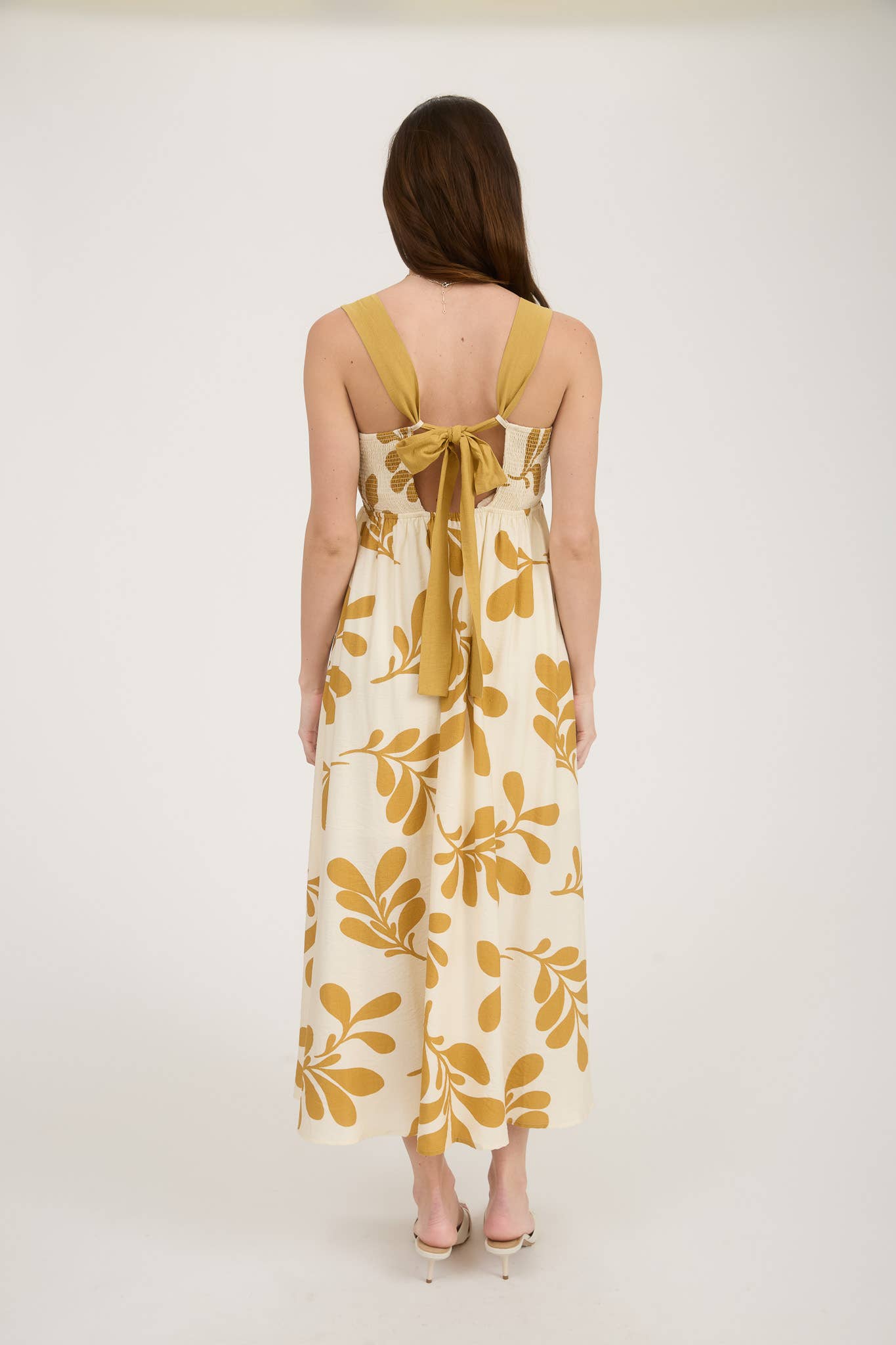 Leaf Print Back Tie Midi Dress