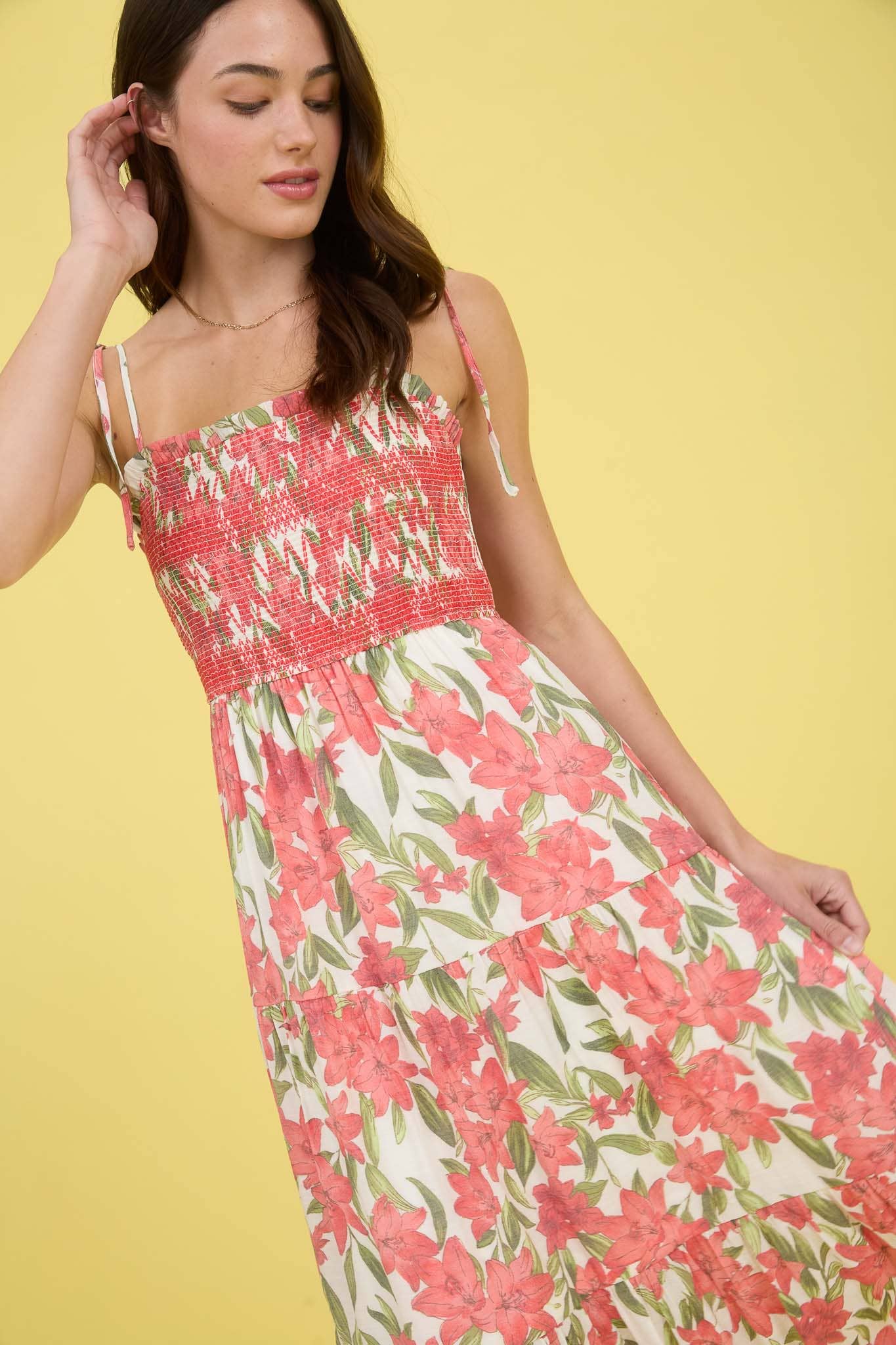 Floral Smocked Spaghetti Tie Tiered Midi Dress – Red