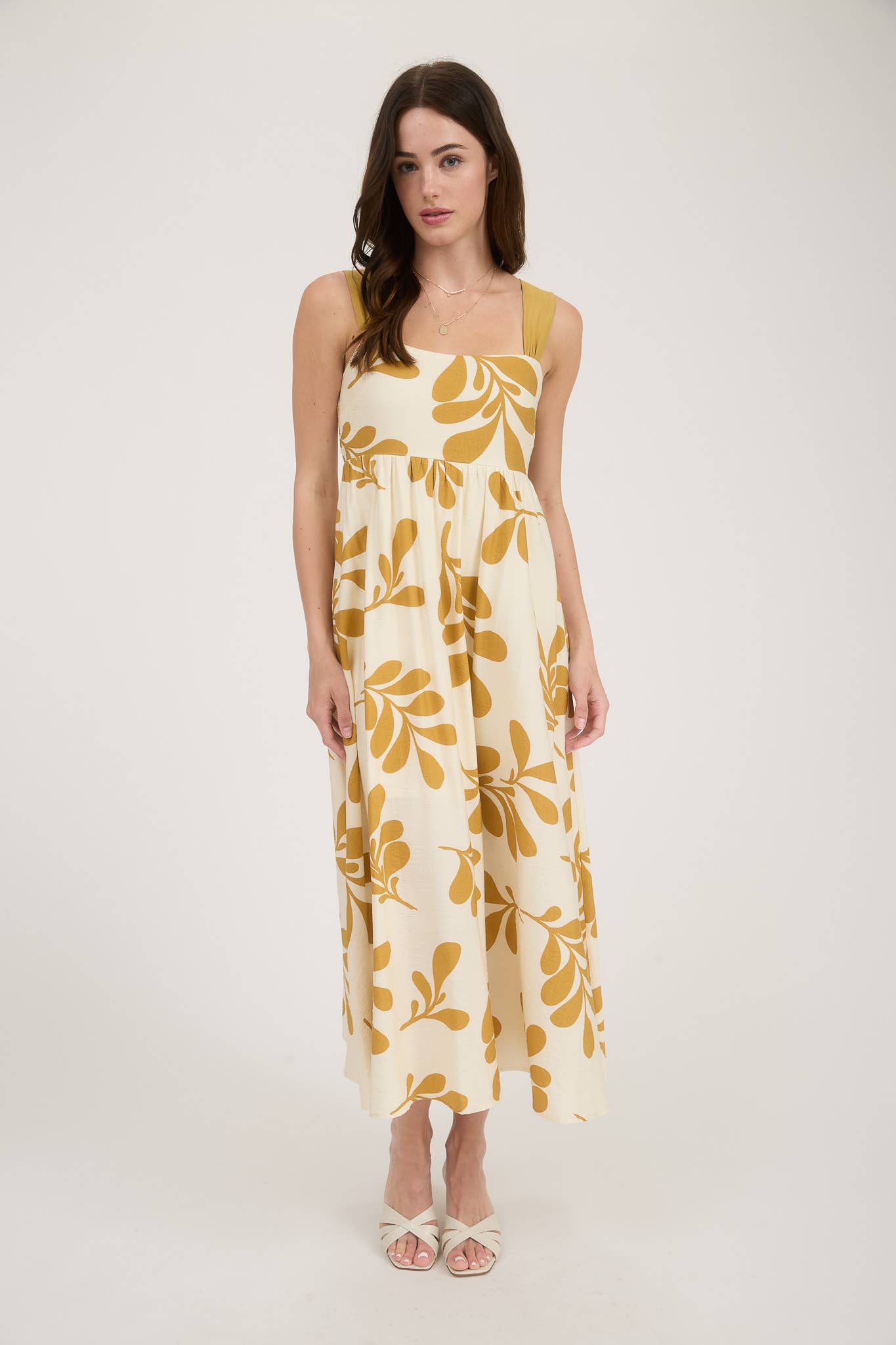 Leaf Print Back Tie Midi Dress