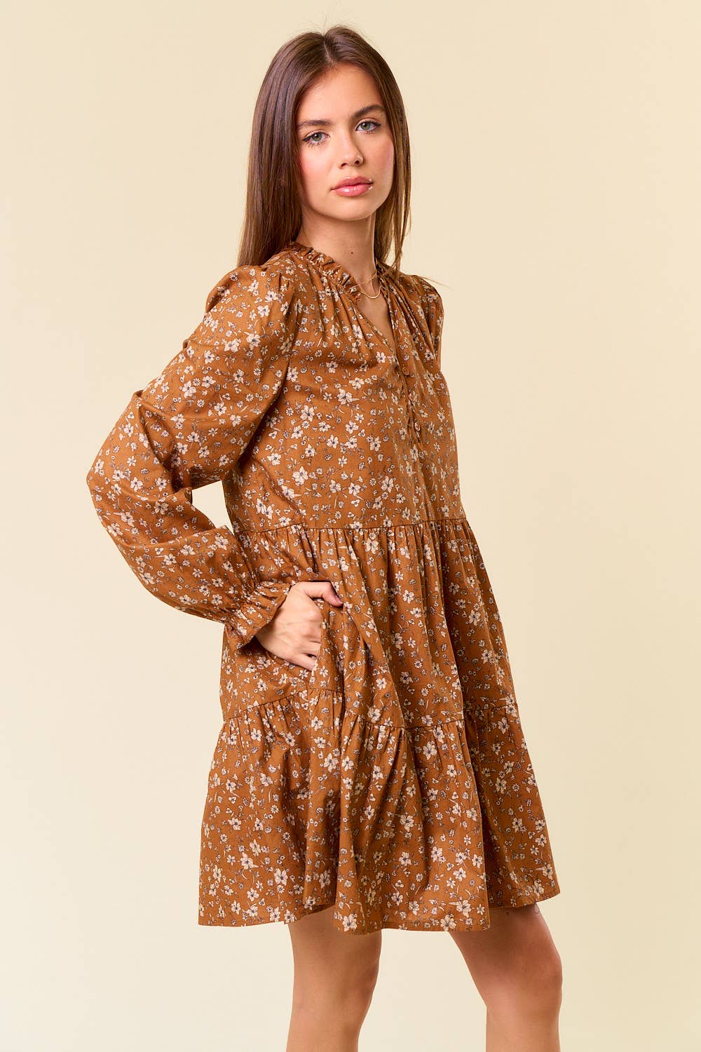 Floral Print Long Sleeve Tiered Mini Dress