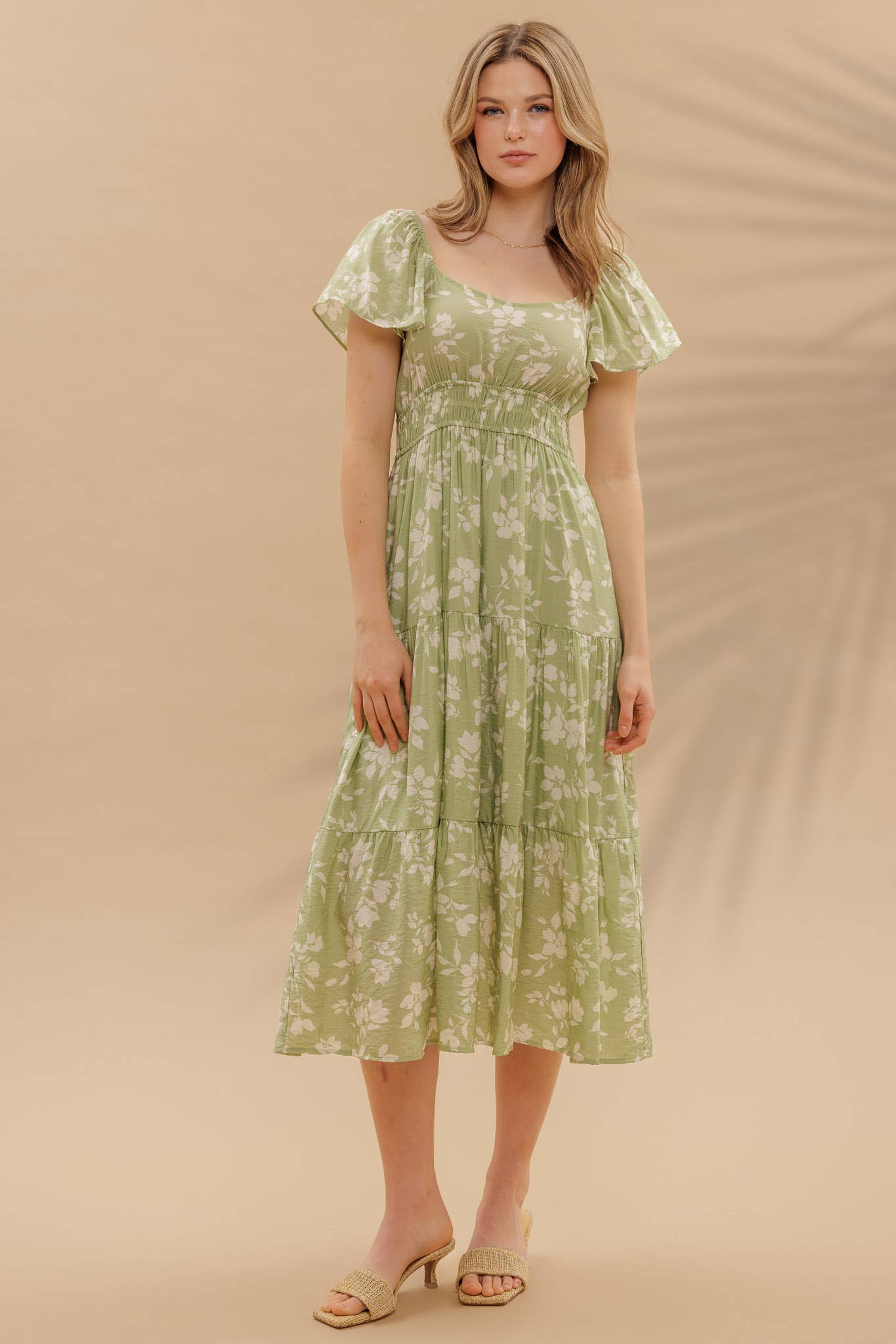 Green Floral Tiered Midi Dress