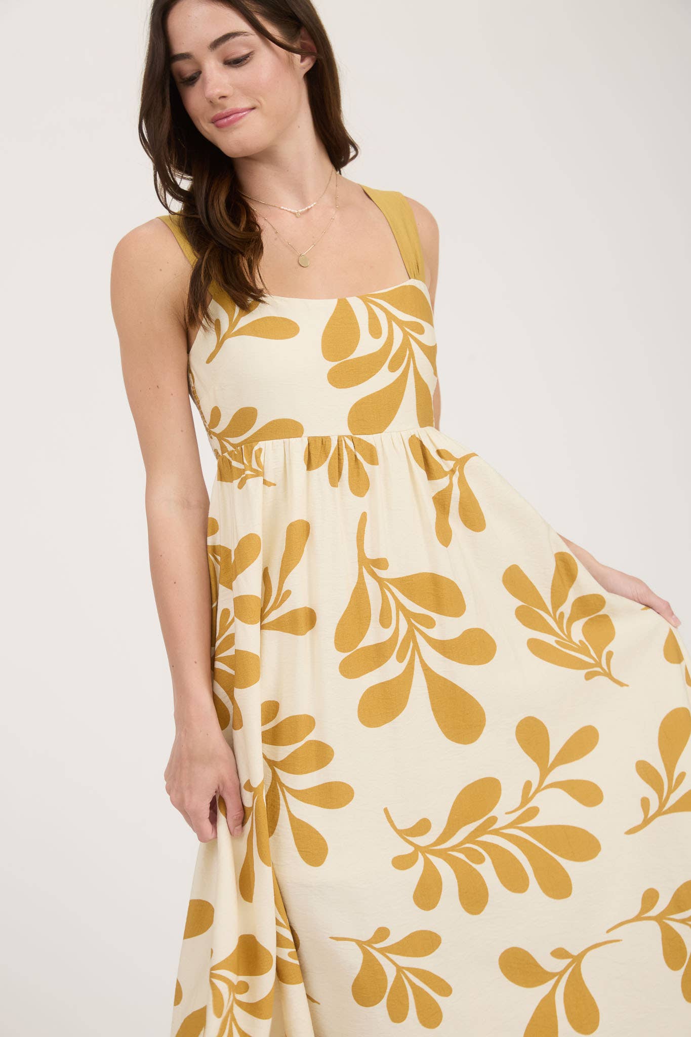 Leaf Print Back Tie Midi Dress