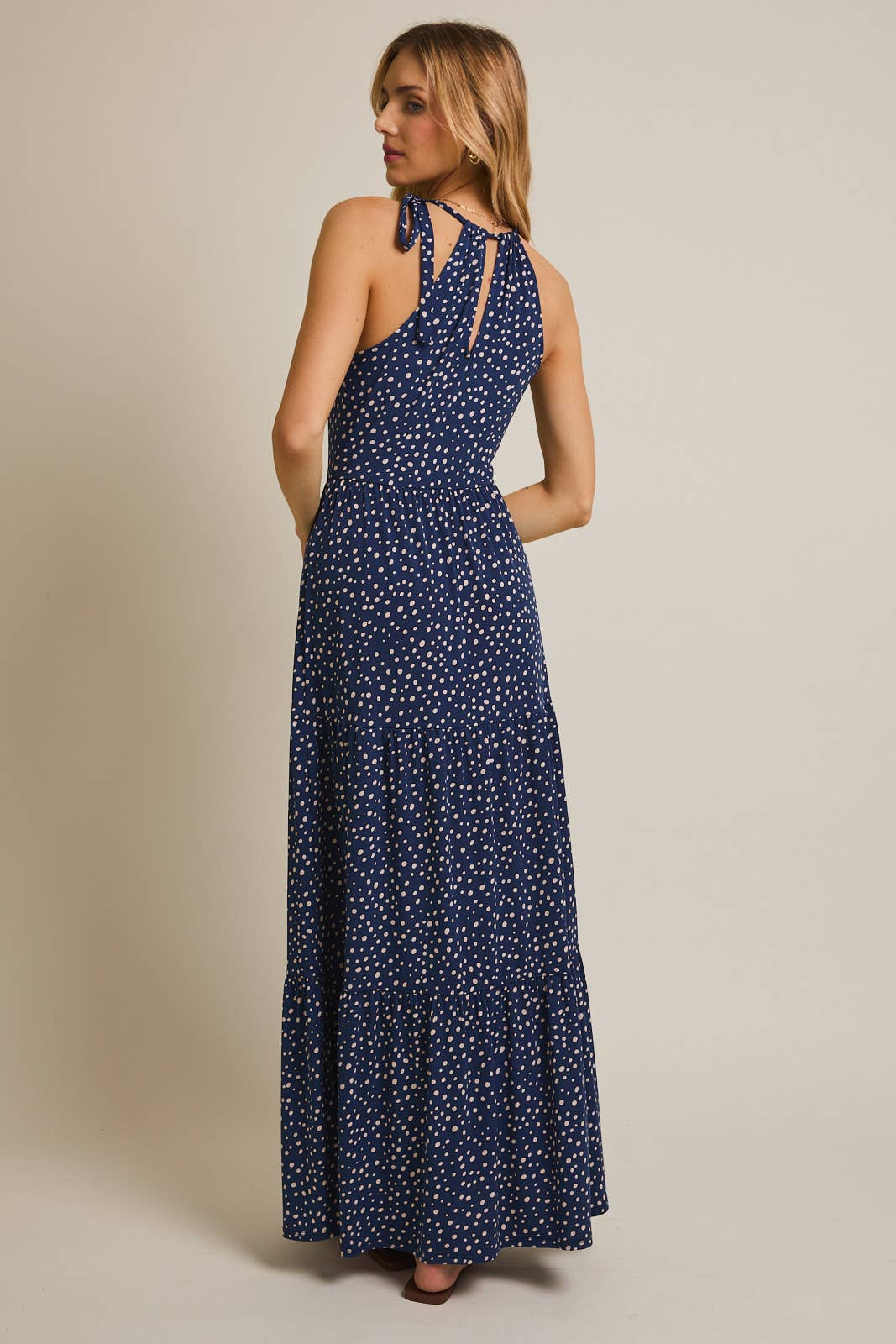 Blue-Ivory Dot Halter Maxi Dress