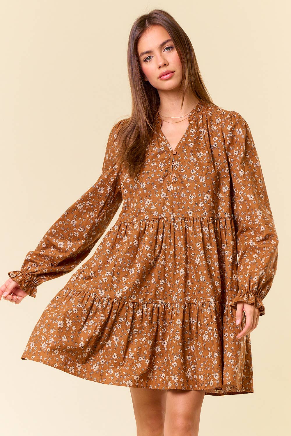 Floral Print Long Sleeve Tiered Mini Dress