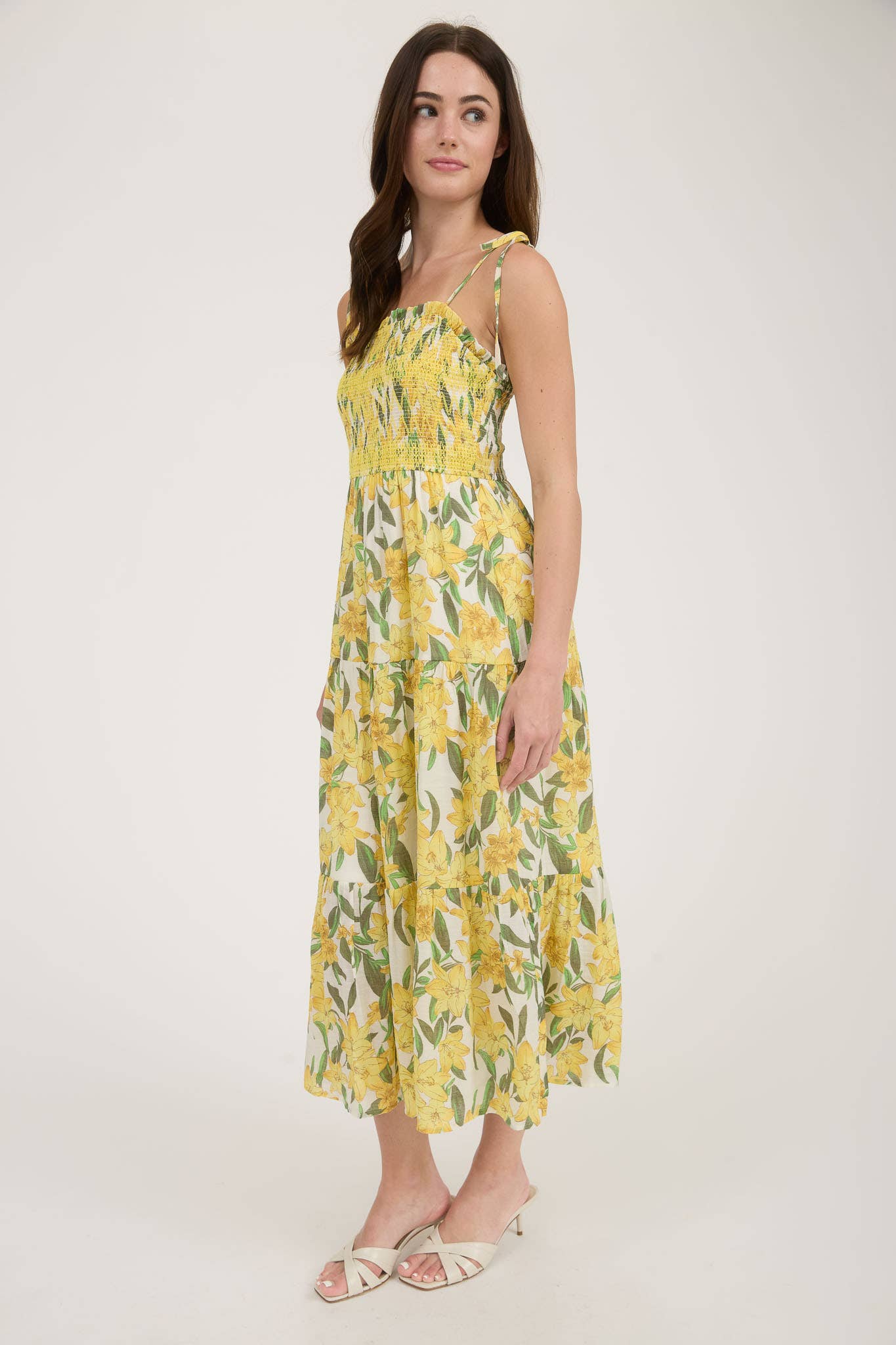 Floral Smocked Spaghetti Tie Tiered Midi Dress – Yellow