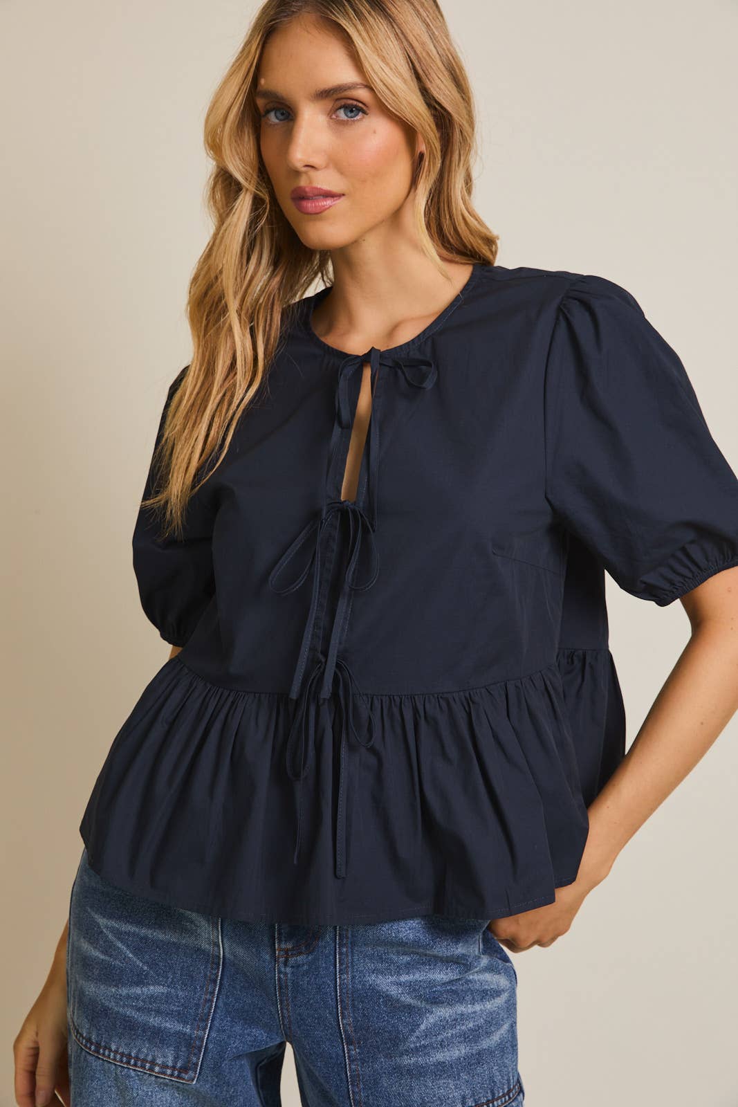 Navy Front Tie Puff Sleeve Blouse