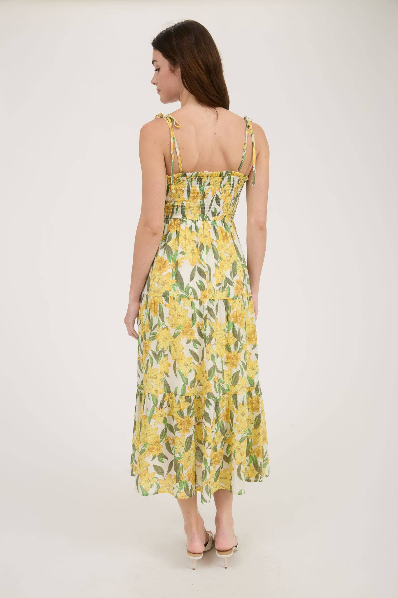 Floral Smocked Spaghetti Tie Tiered Midi Dress – Yellow