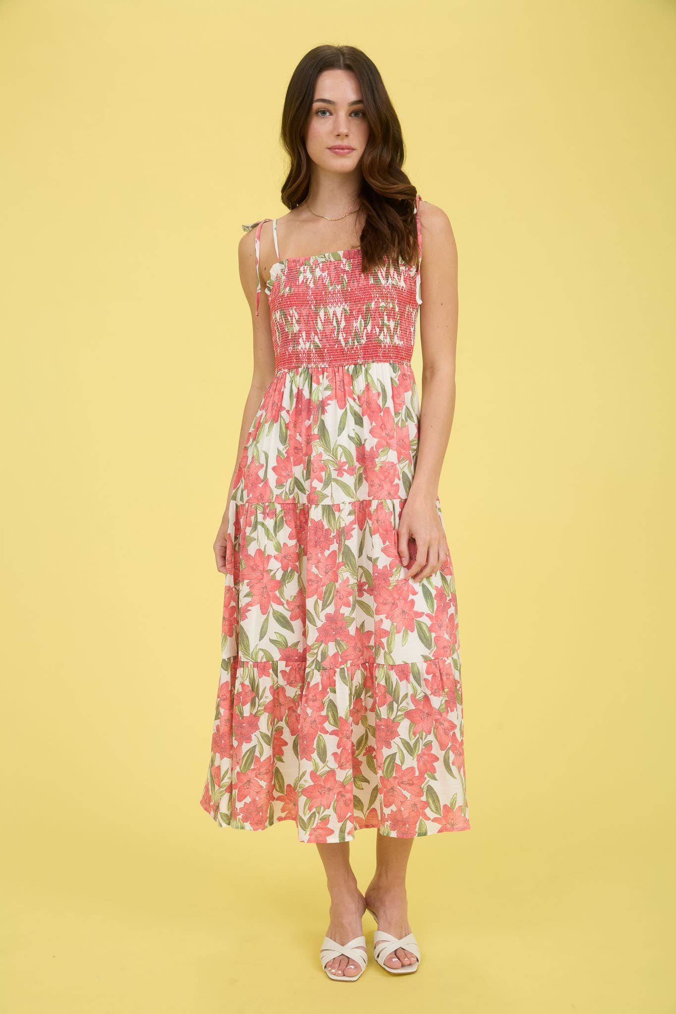 Floral Smocked Spaghetti Tie Tiered Midi Dress – Red
