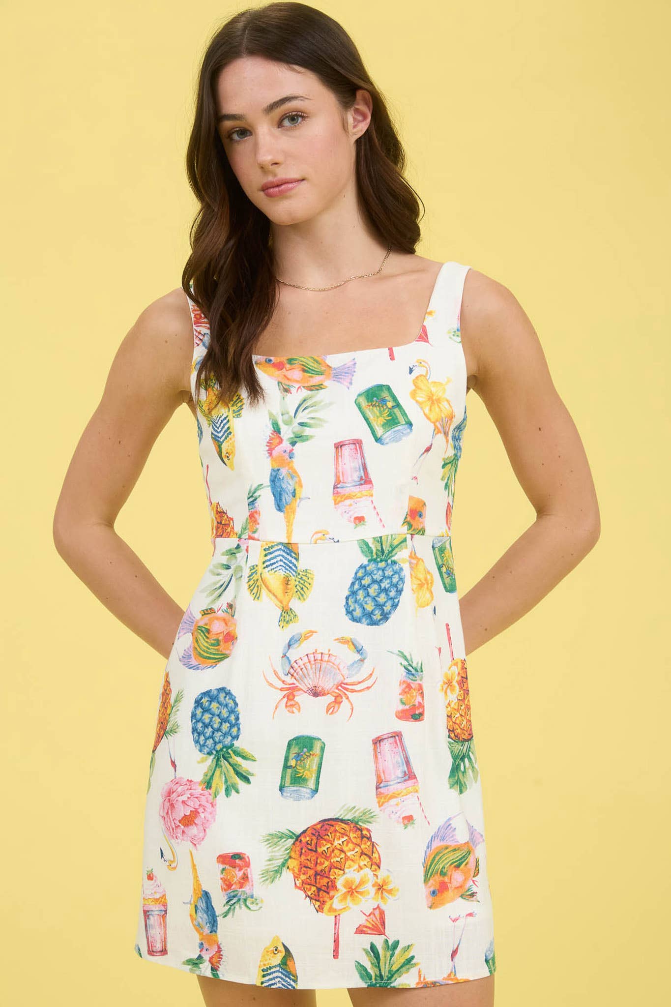 Tropical Summer Print Linen Mini Dress
