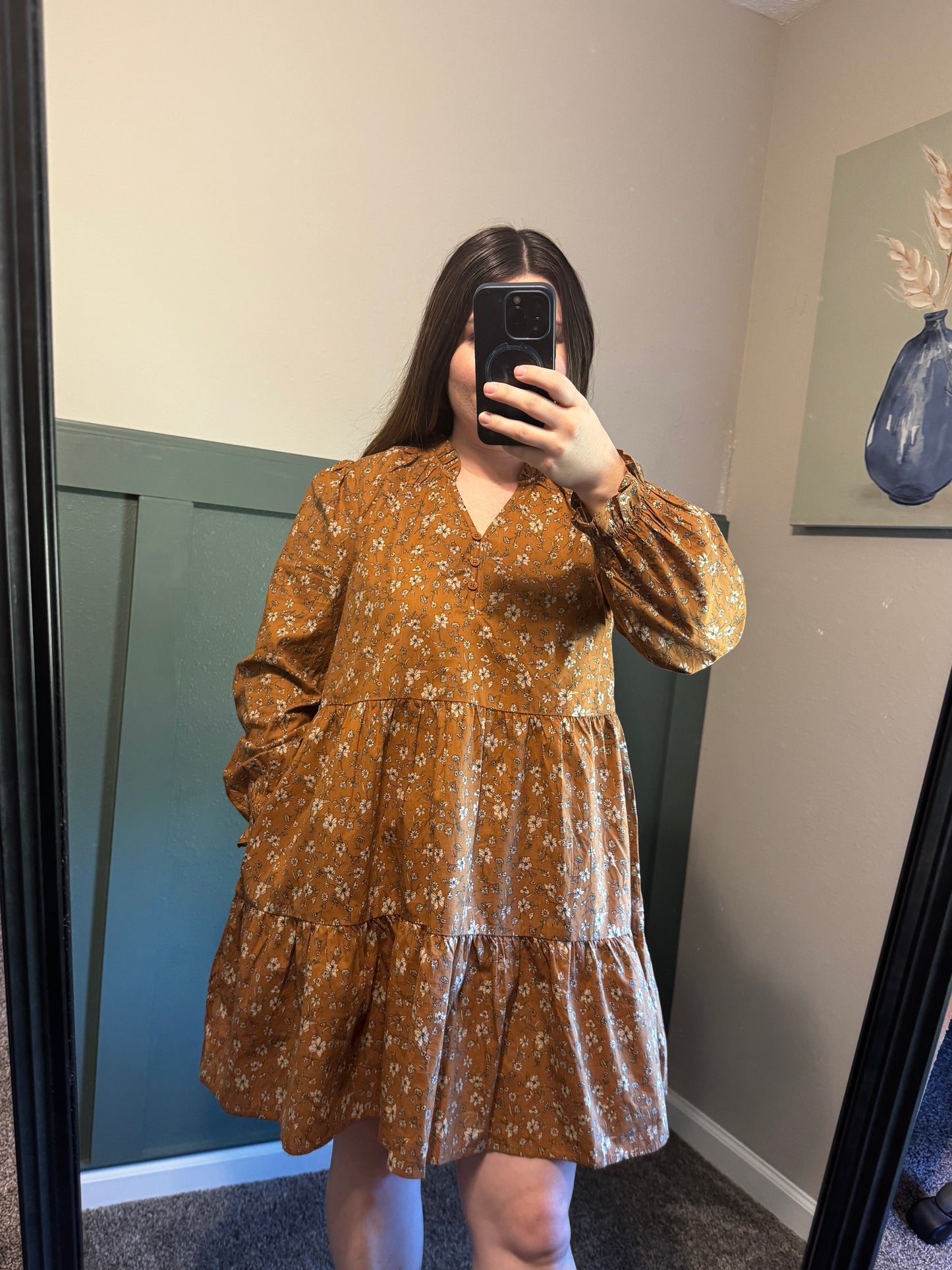 Floral Print Long Sleeve Tiered Mini Dress