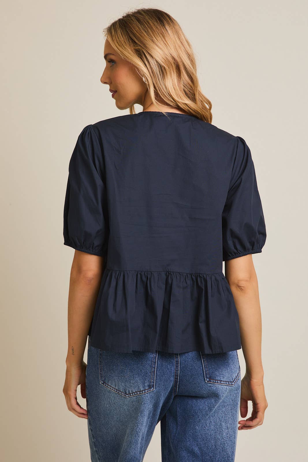 Navy Front Tie Puff Sleeve Blouse
