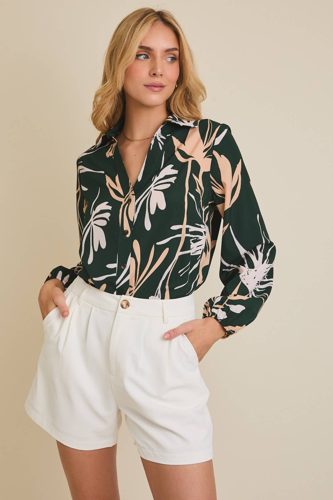 Collared Puff Long Sleeve Button Up Floral Top