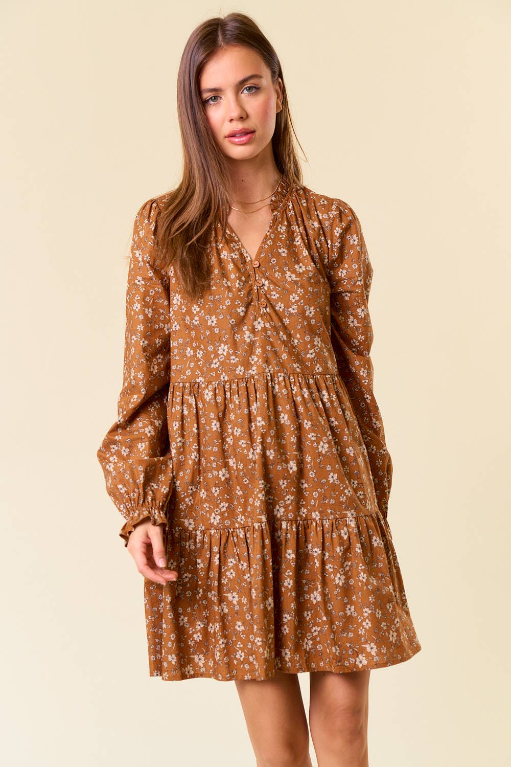 Floral Print Long Sleeve Tiered Mini Dress