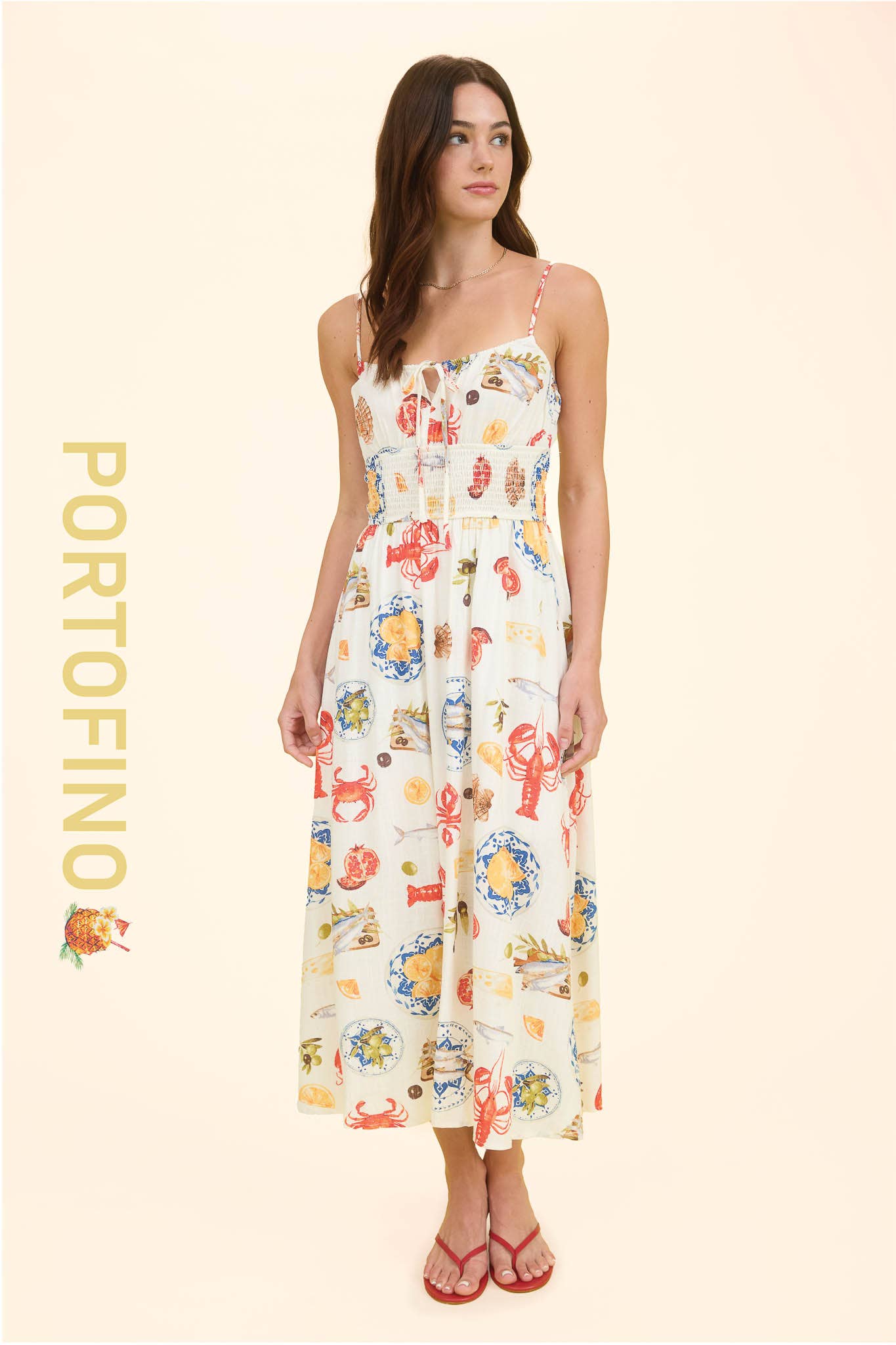 Smocked Midi Dress with Seaside prints like lobsters and crabs.