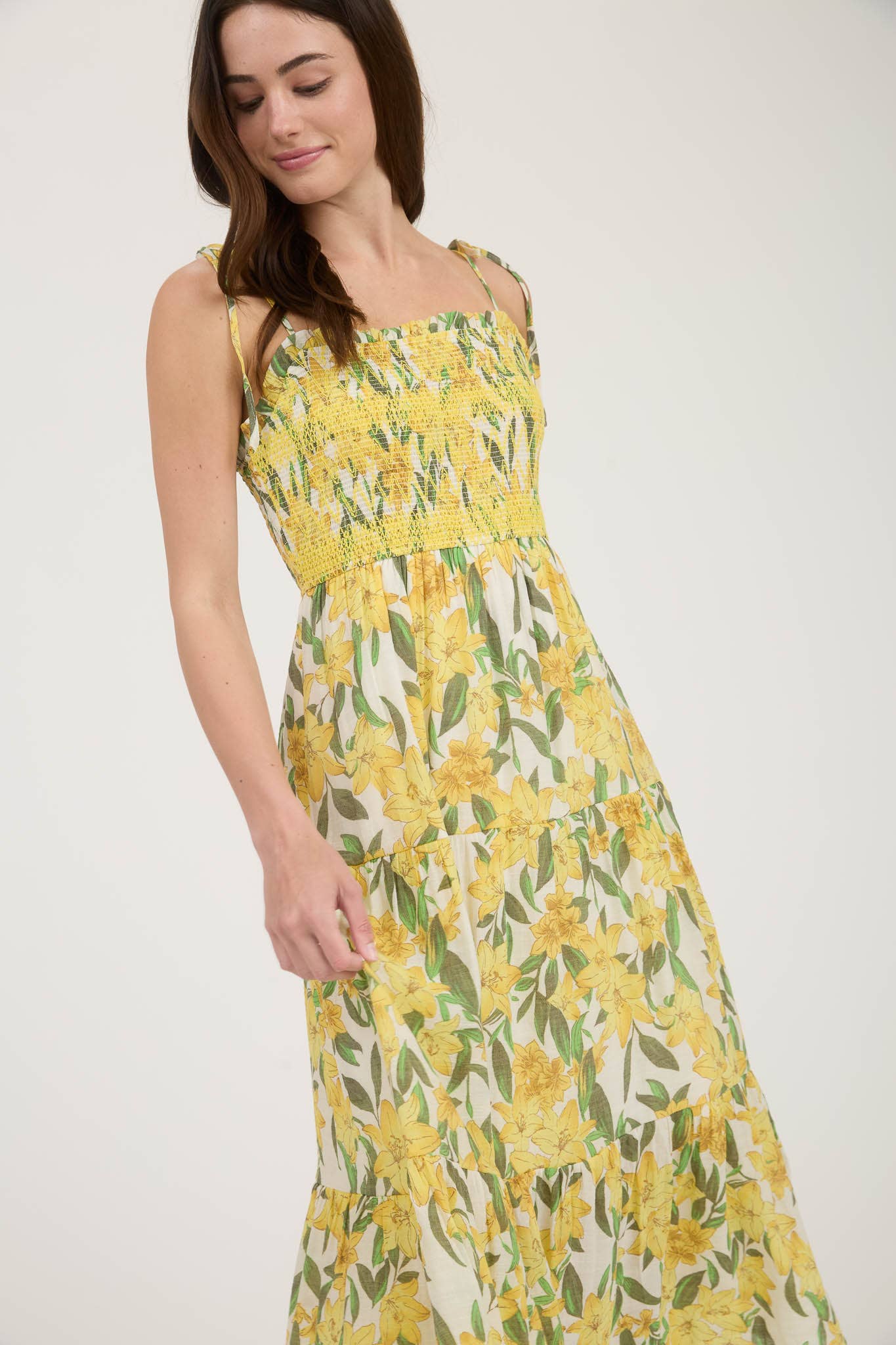 Floral Smocked Spaghetti Tie Tiered Midi Dress – Yellow