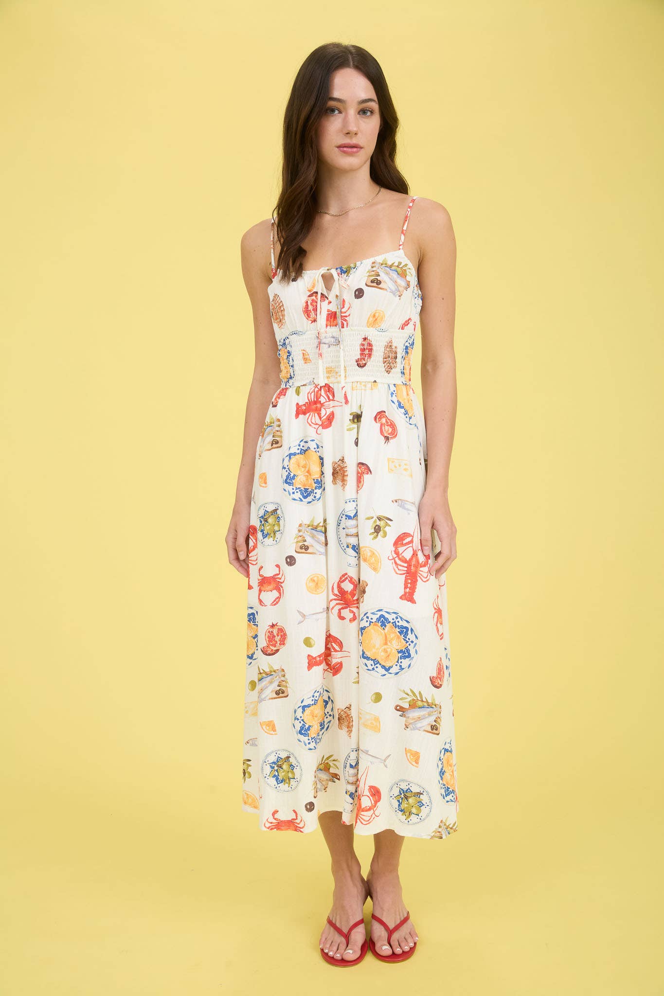 Seaside Print Smocked Midi Dress