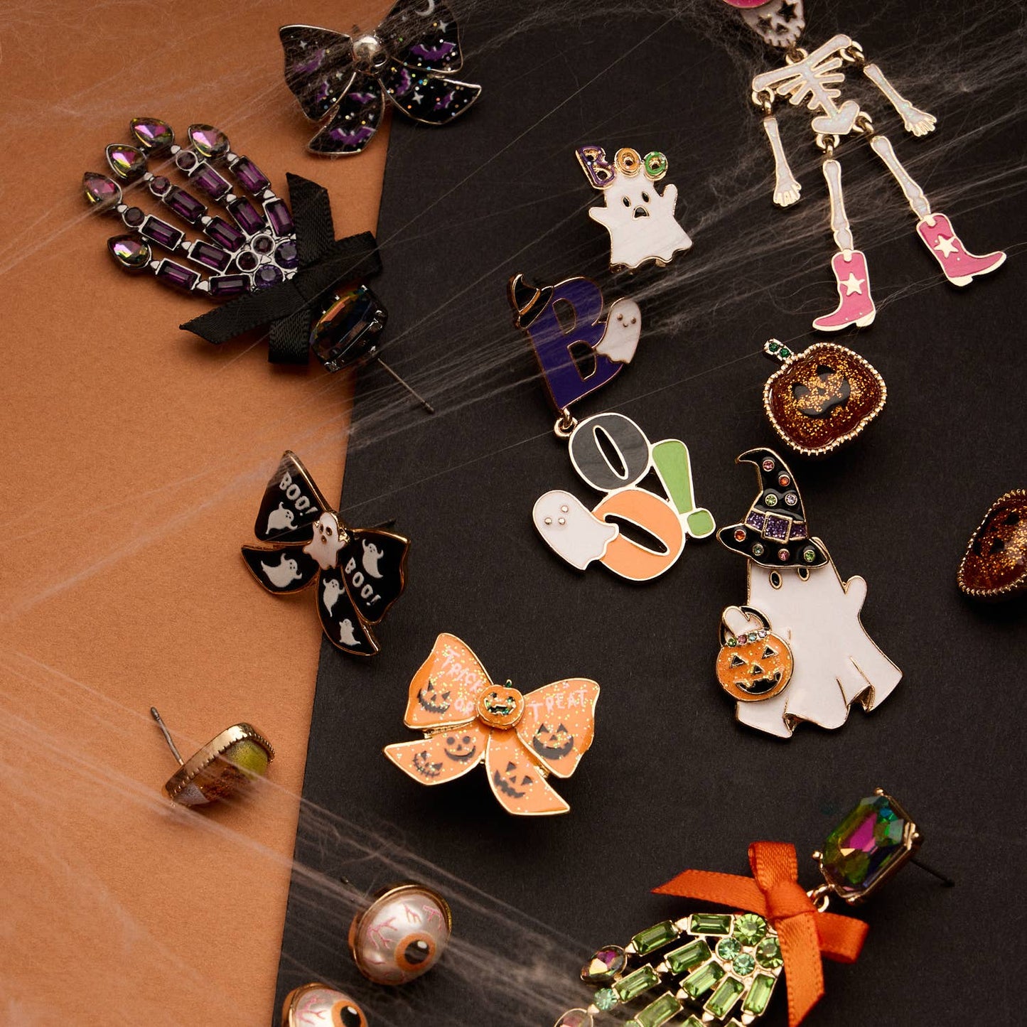 Enamel Ghost Earrings with Witch Hat and Pumpkin