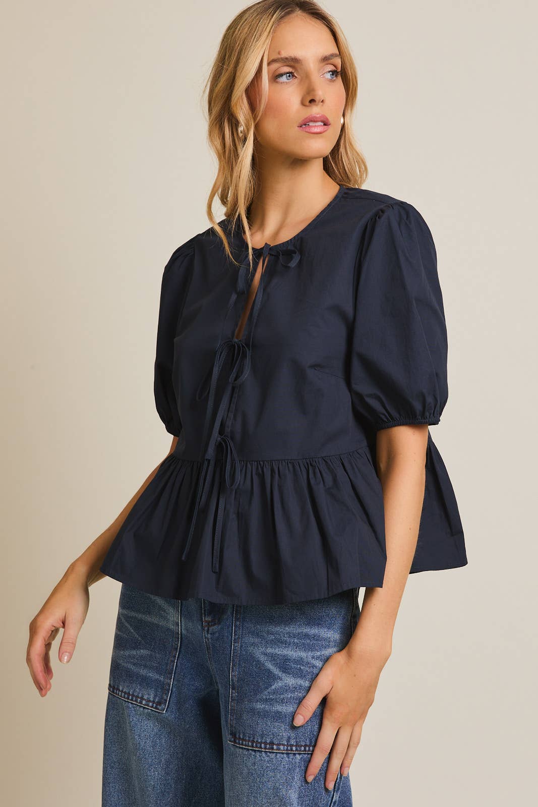 Navy Front Tie Puff Sleeve Blouse