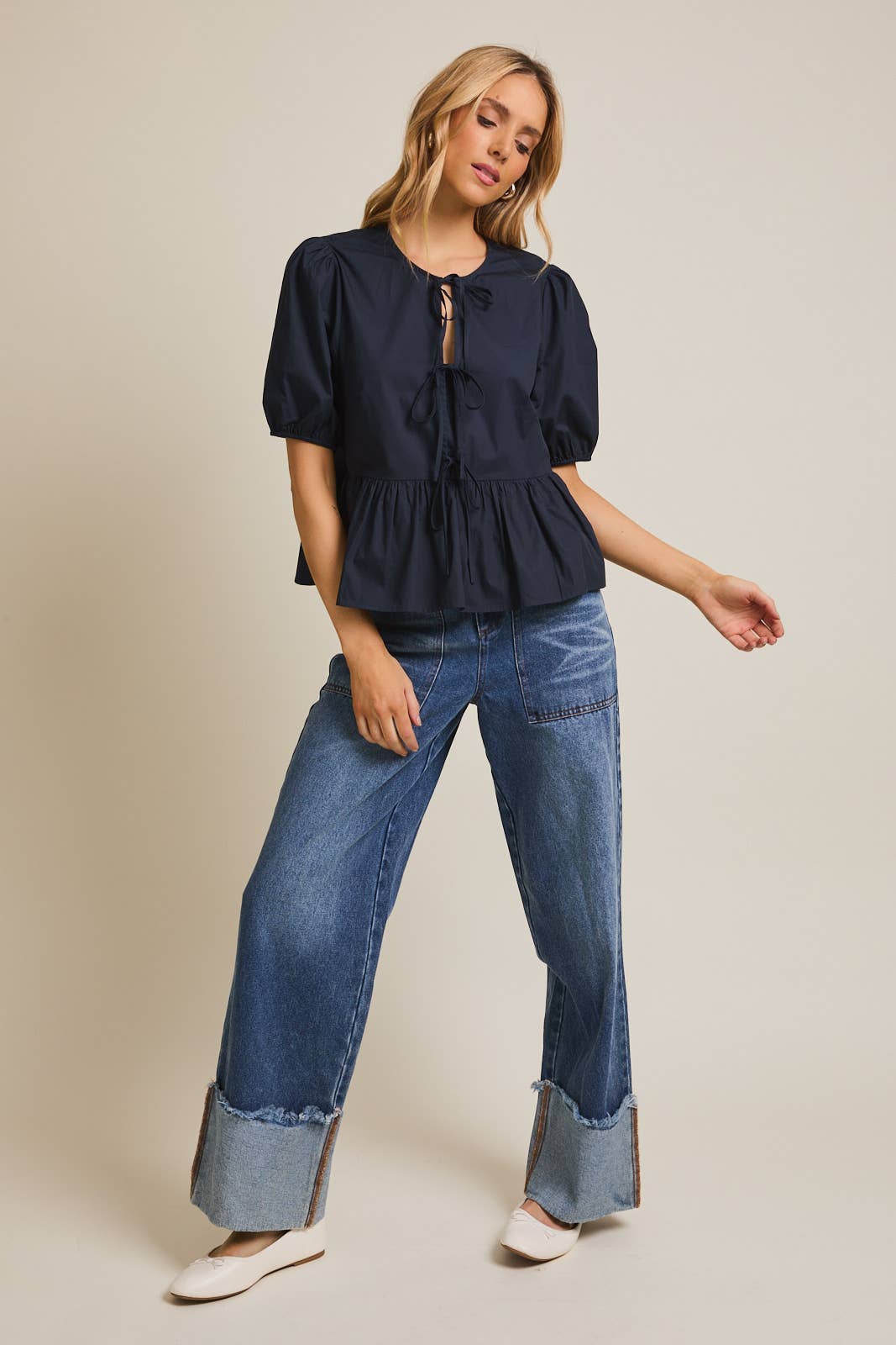 Navy Front Tie Puff Sleeve Blouse