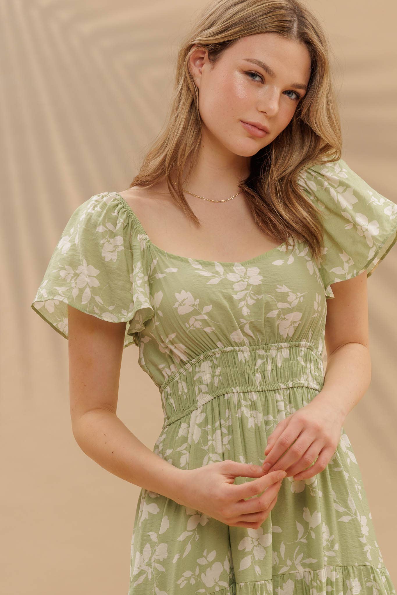 Green Floral Tiered Midi Dress