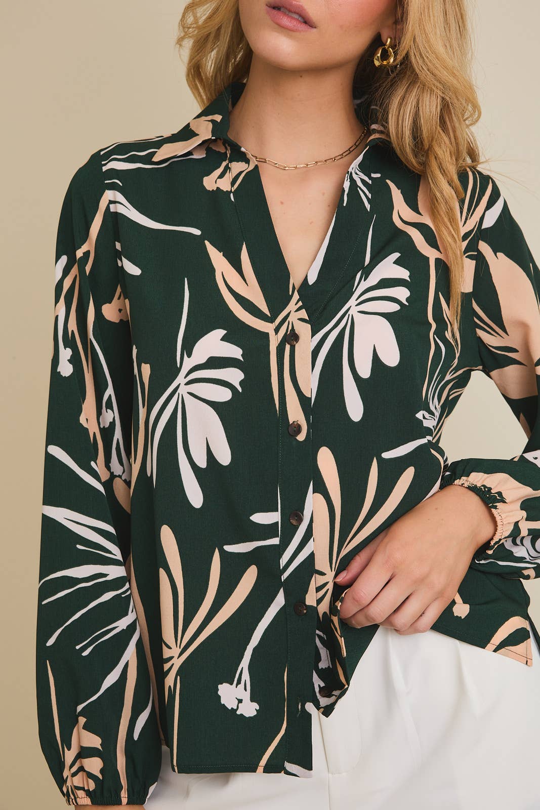 Collared Puff Long Sleeve Button Up Floral Top
