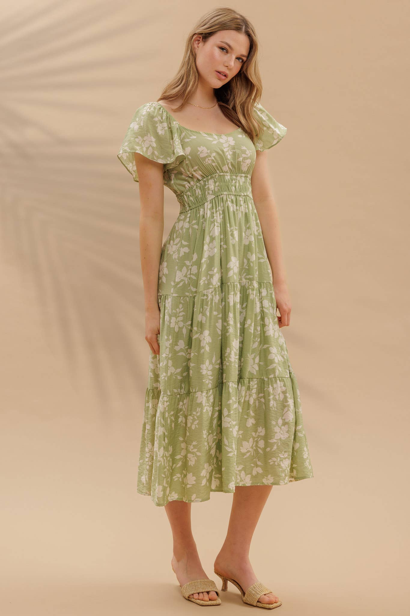 Green Floral Tiered Midi Dress