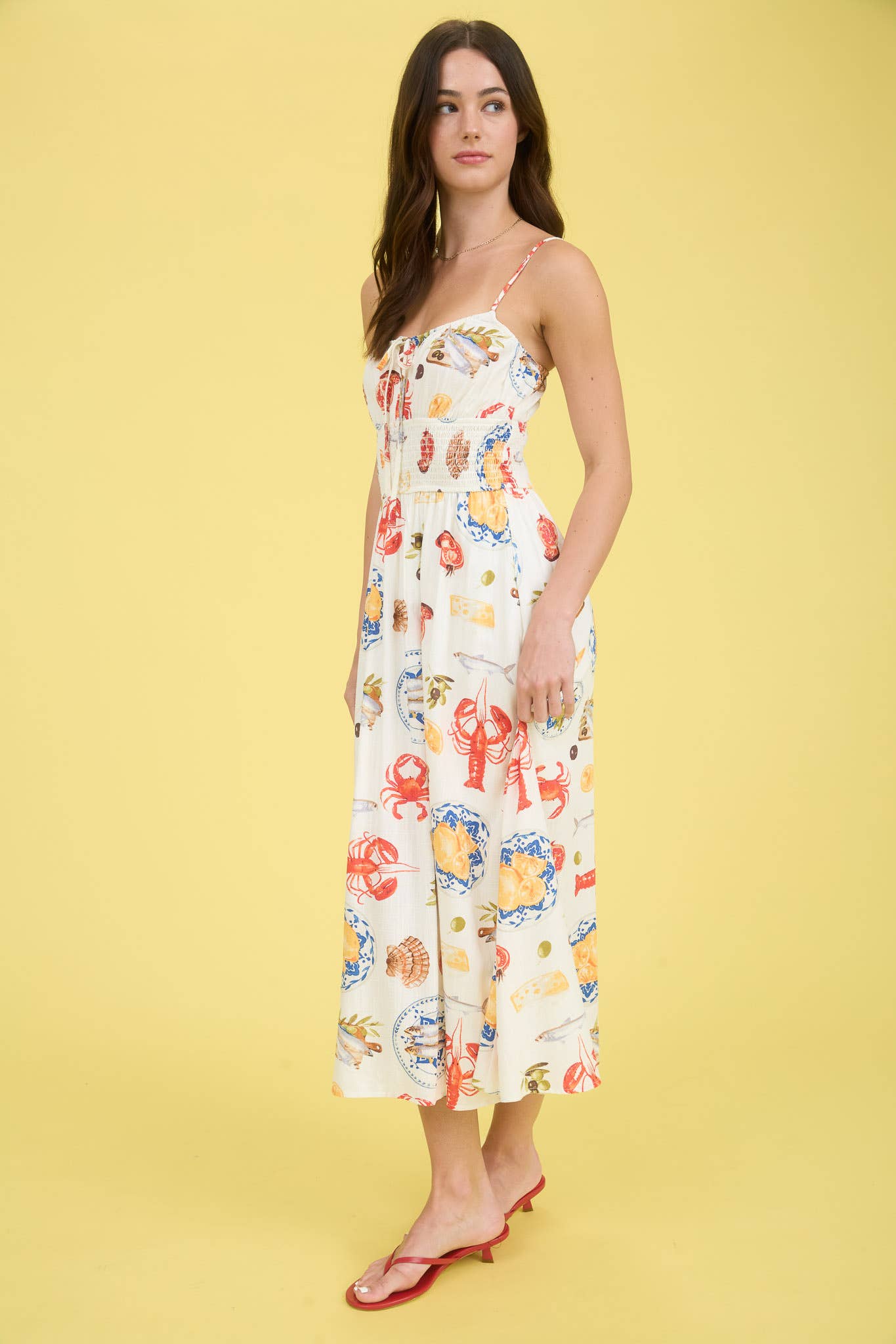 Seaside Print Smocked Midi Dress