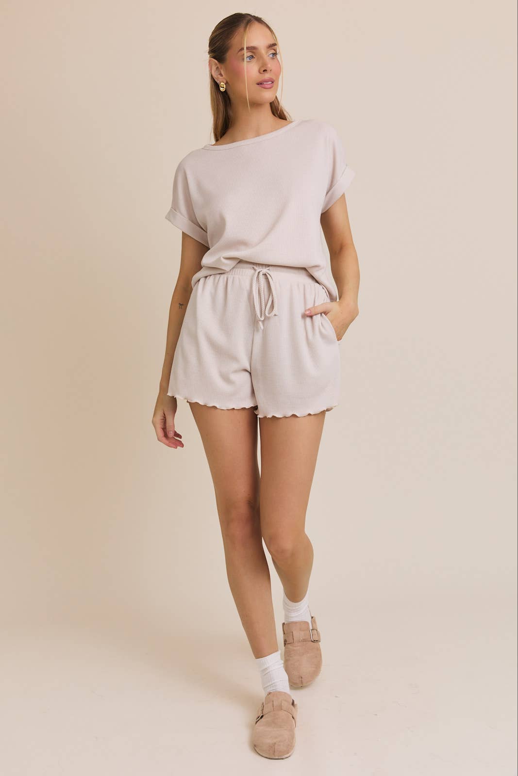 Cream Cotton Lounge Set – Top & Shorts
