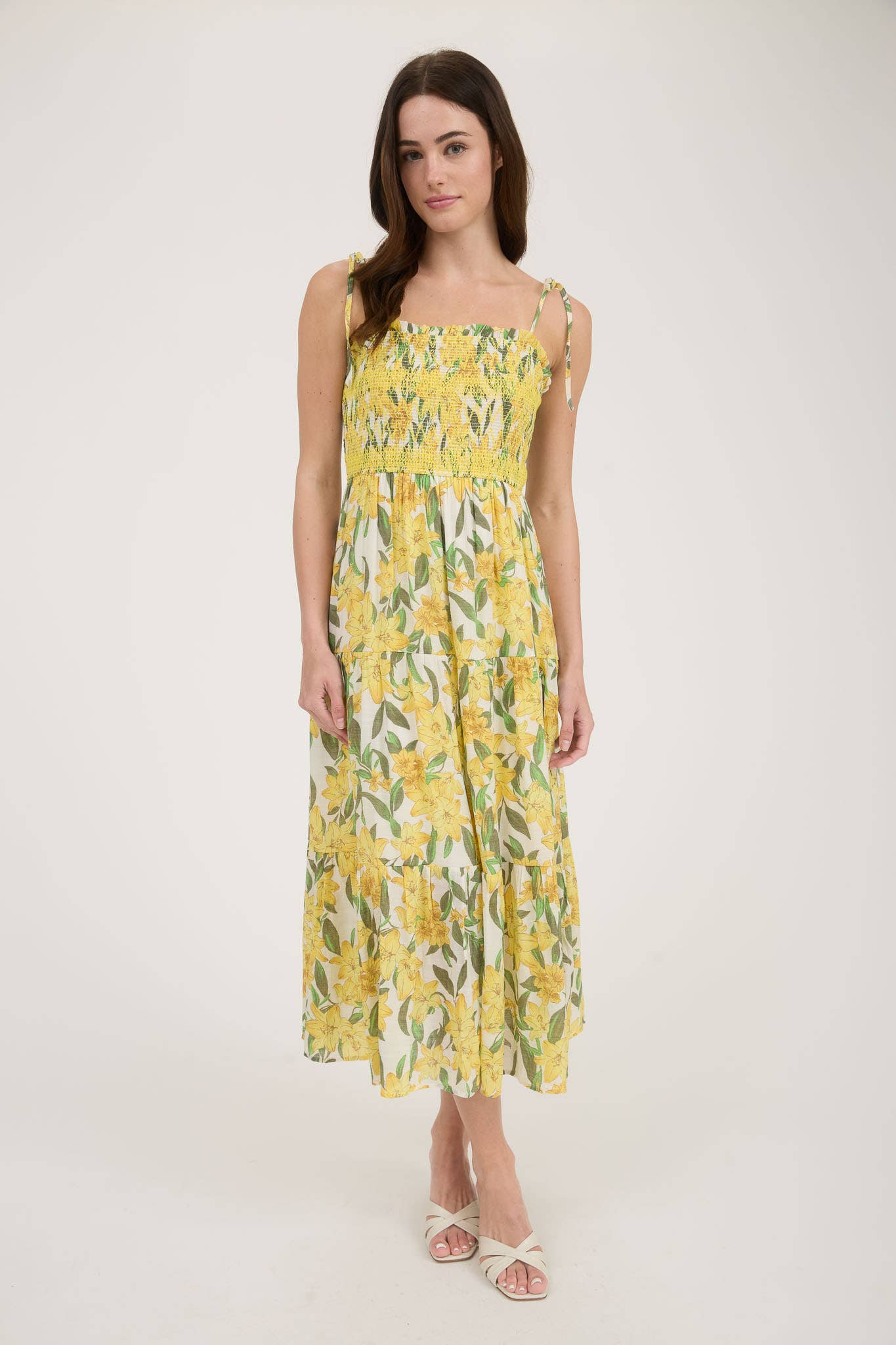 Floral Smocked Spaghetti Tie Tiered Midi Dress – Yellow