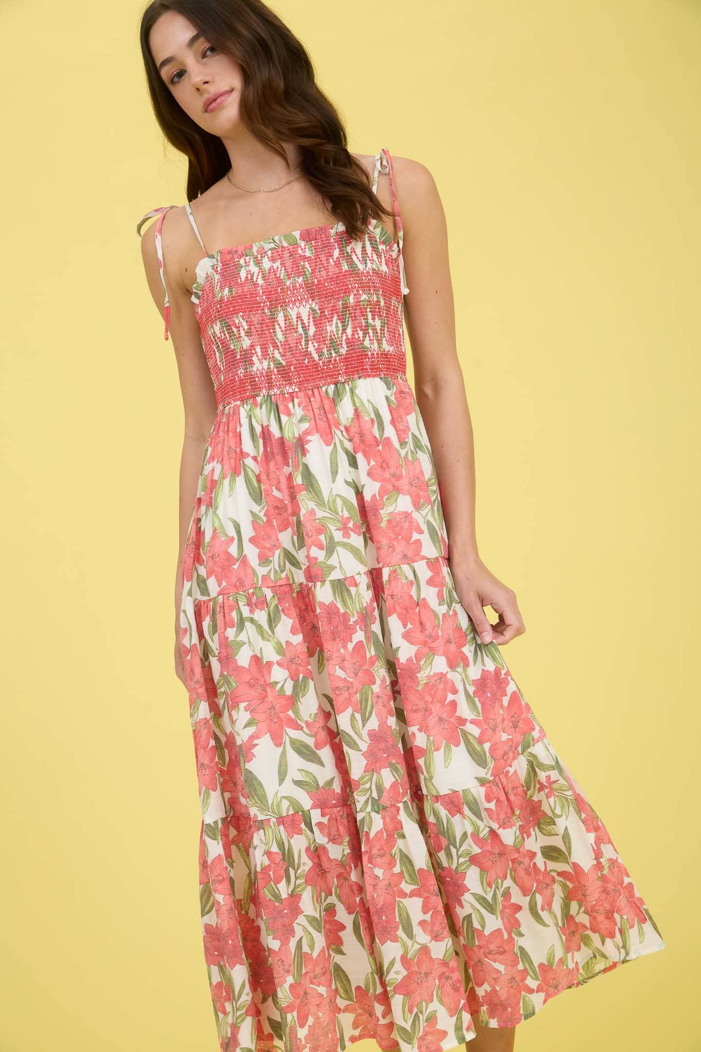 Floral Smocked Spaghetti Tie Tiered Midi Dress – Red