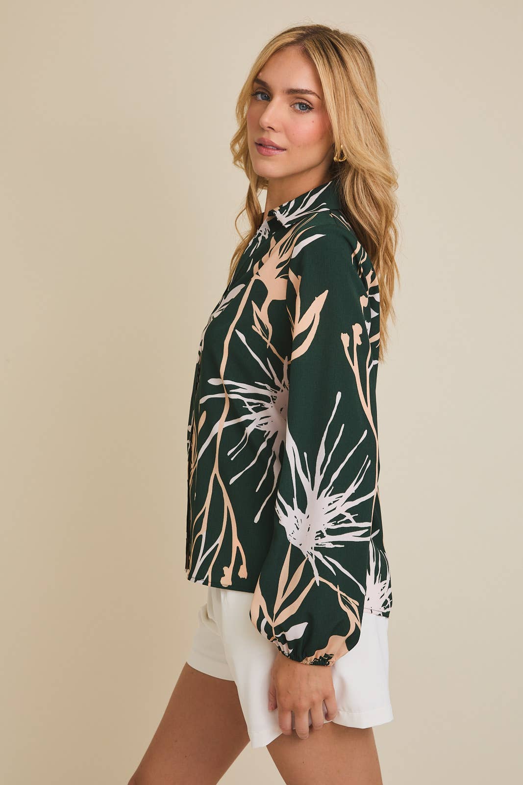 Collared Puff Long Sleeve Button Up Floral Top