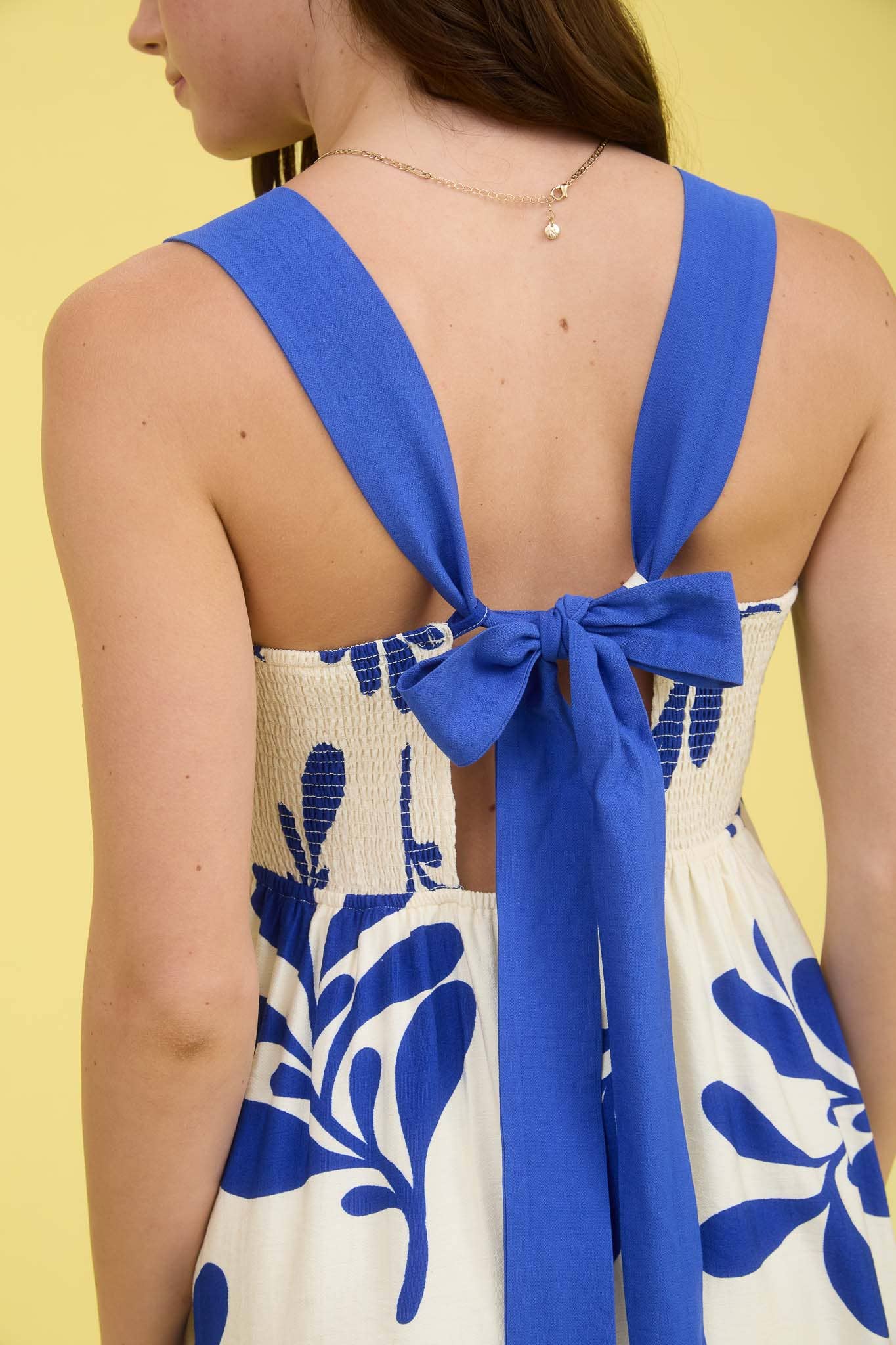 Leaf Print Back Tie Midi Dress