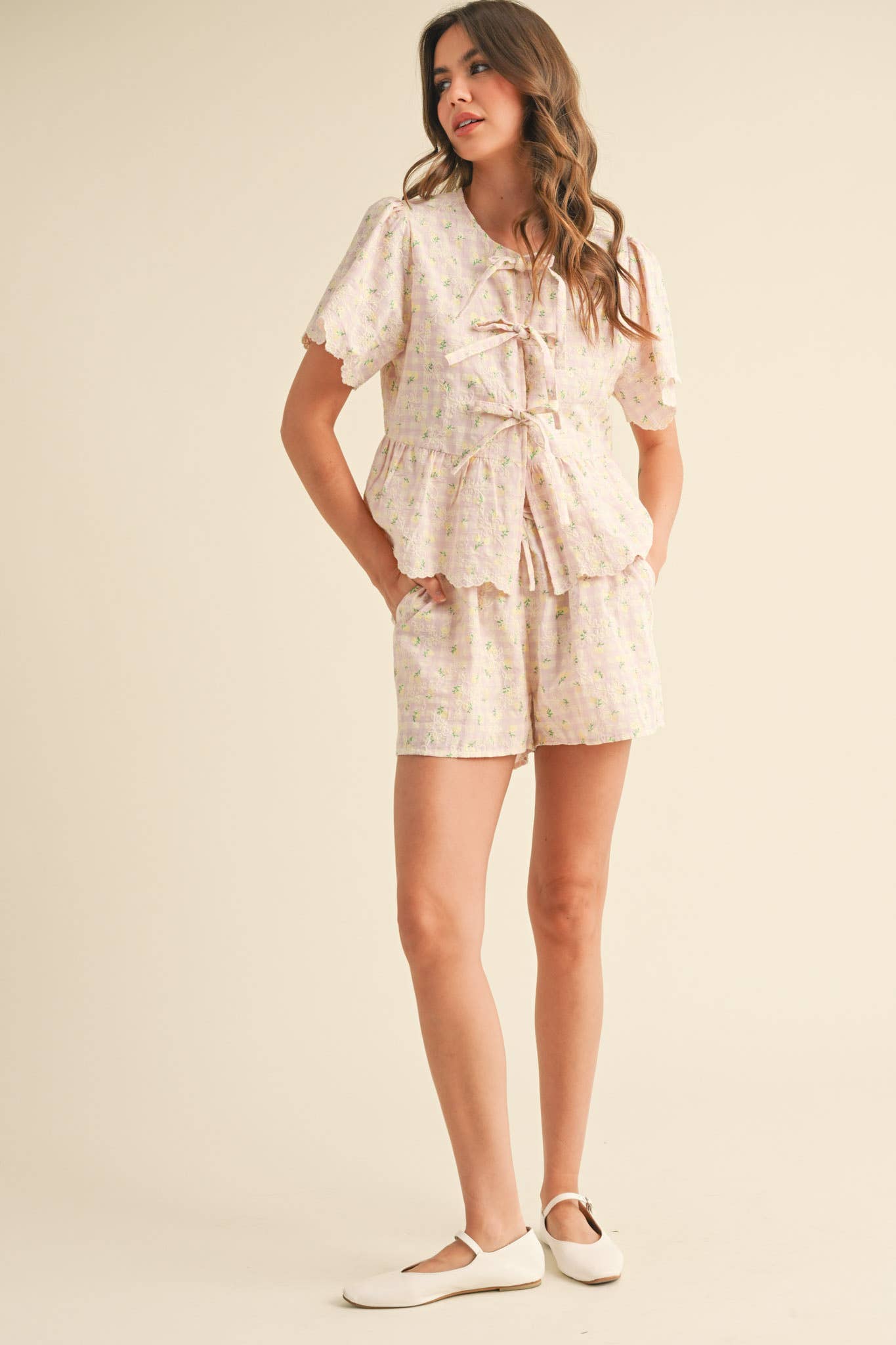 Embroidered Floral Gingham Top & Shorts Set