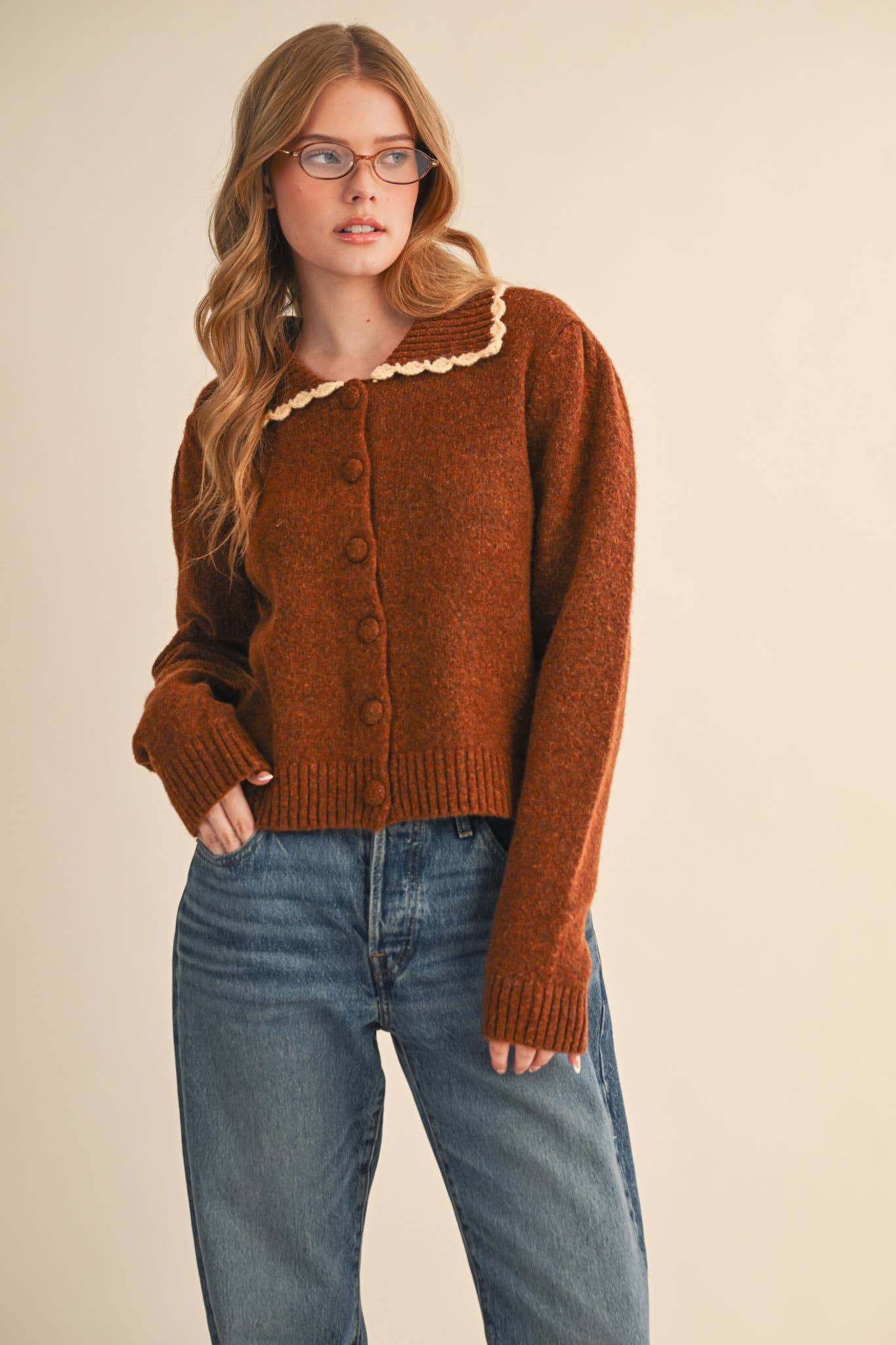 Scalloped Collar Sweater - Rust Brown