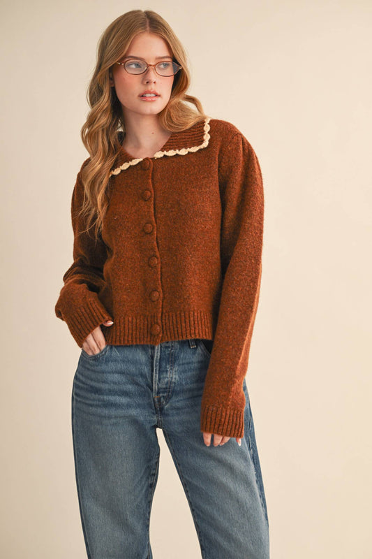Scalloped Collar Sweater - Rust Brown