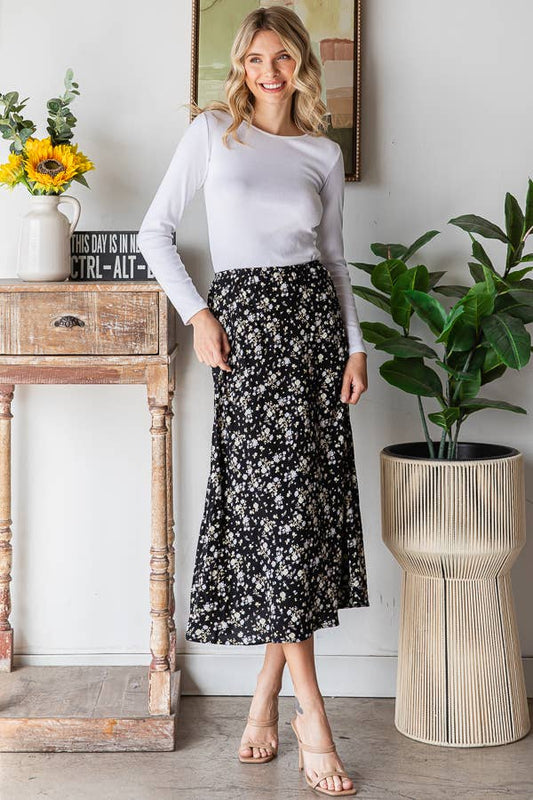 Black Ditsy Floral Midi Skirt