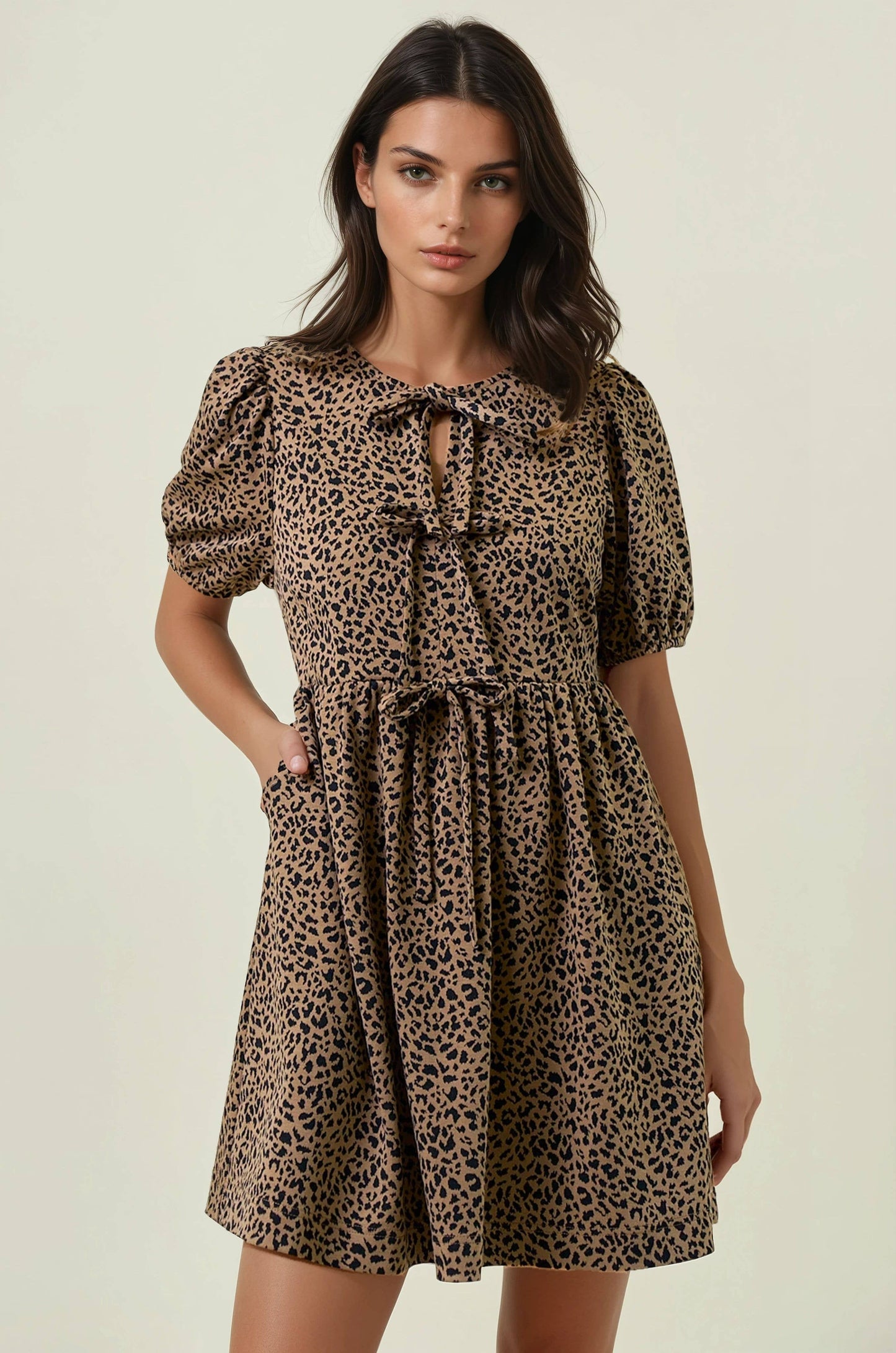 Animal Print Puff Sleeve Bow Tie Front Dress