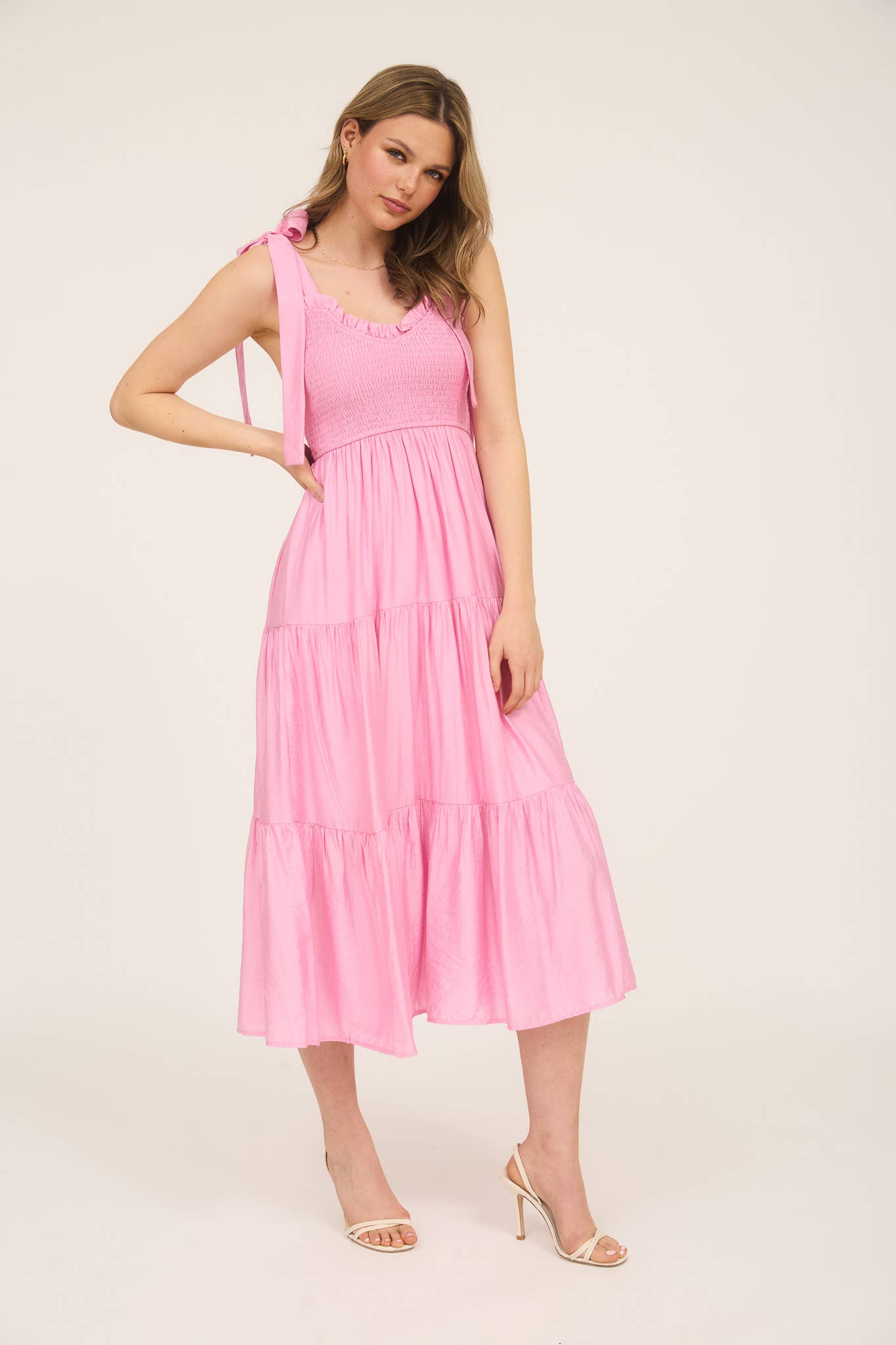 Pink Smocked Ruffle Midi Dress